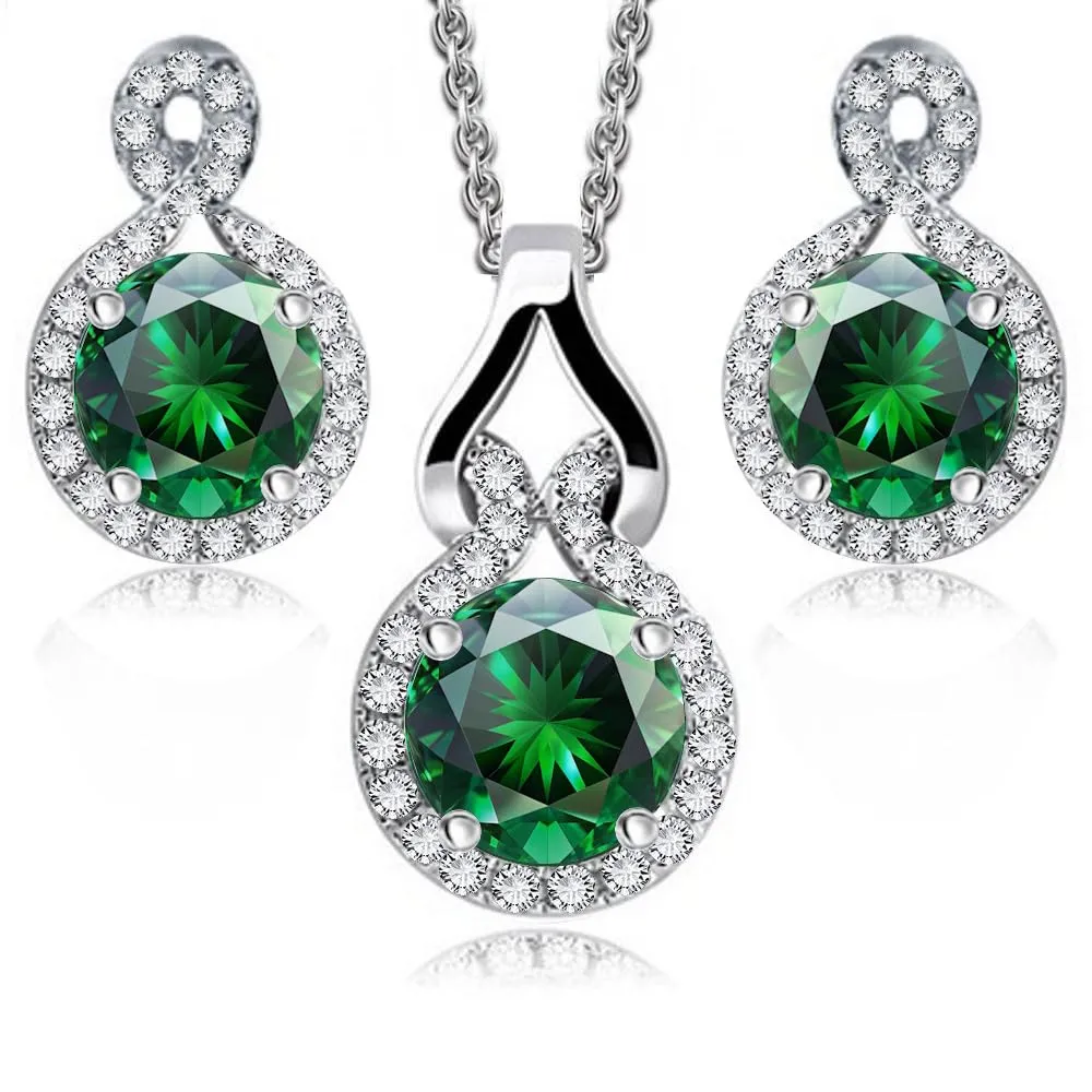 Crystalline Azuria Donna Parure Collana con Ciondolo 45 cm e Orecchini, 18ct Placcato Oro Bianco, Verde Smeraldo simulato e Cristalli di Zirconi - immagine 1