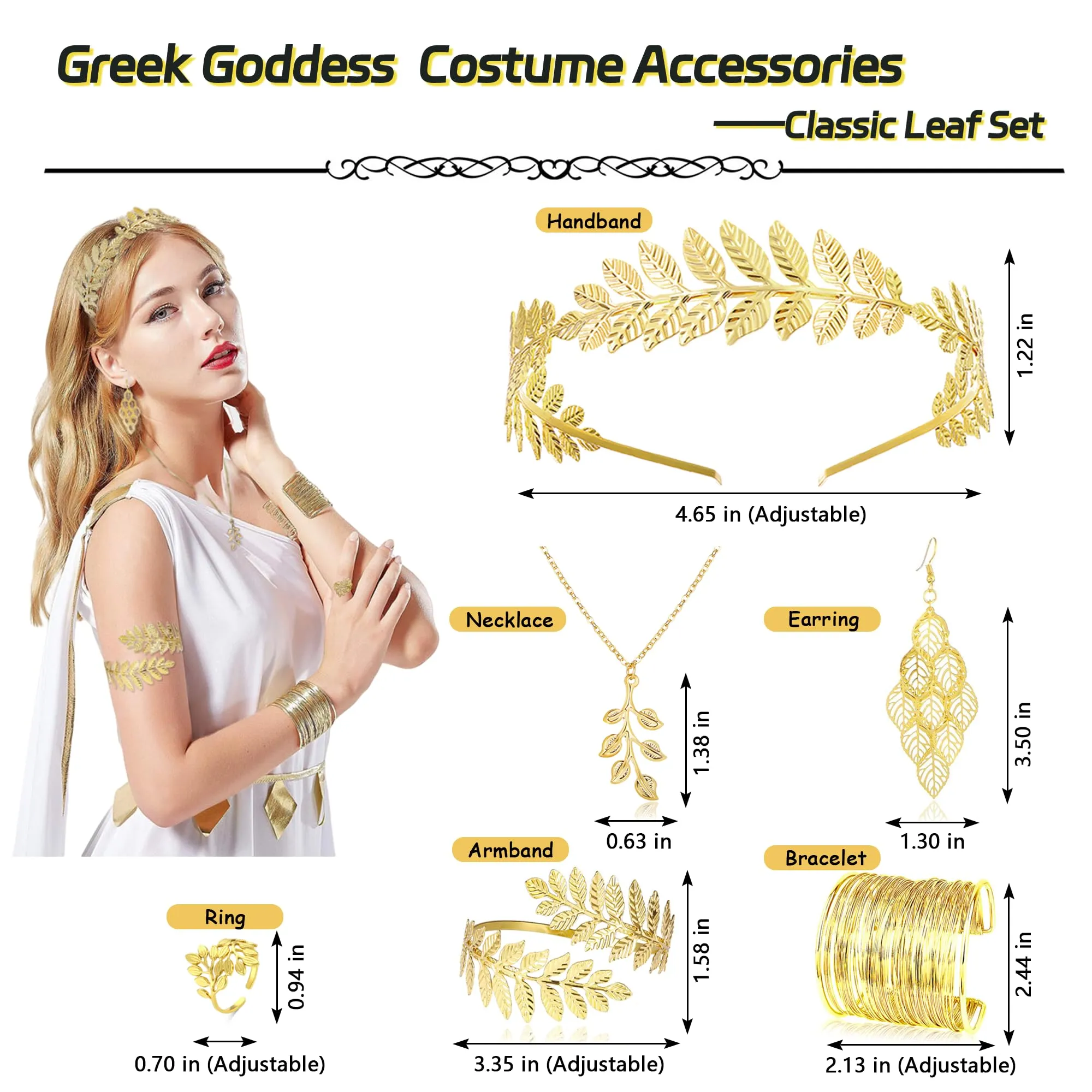 LOFITOR Set Accessori Dea Greca 9 Pezzi - Corona di Alloro, Bracciali a Spirale, Collana, Orecchini Pendenti con Perle - immagine 3