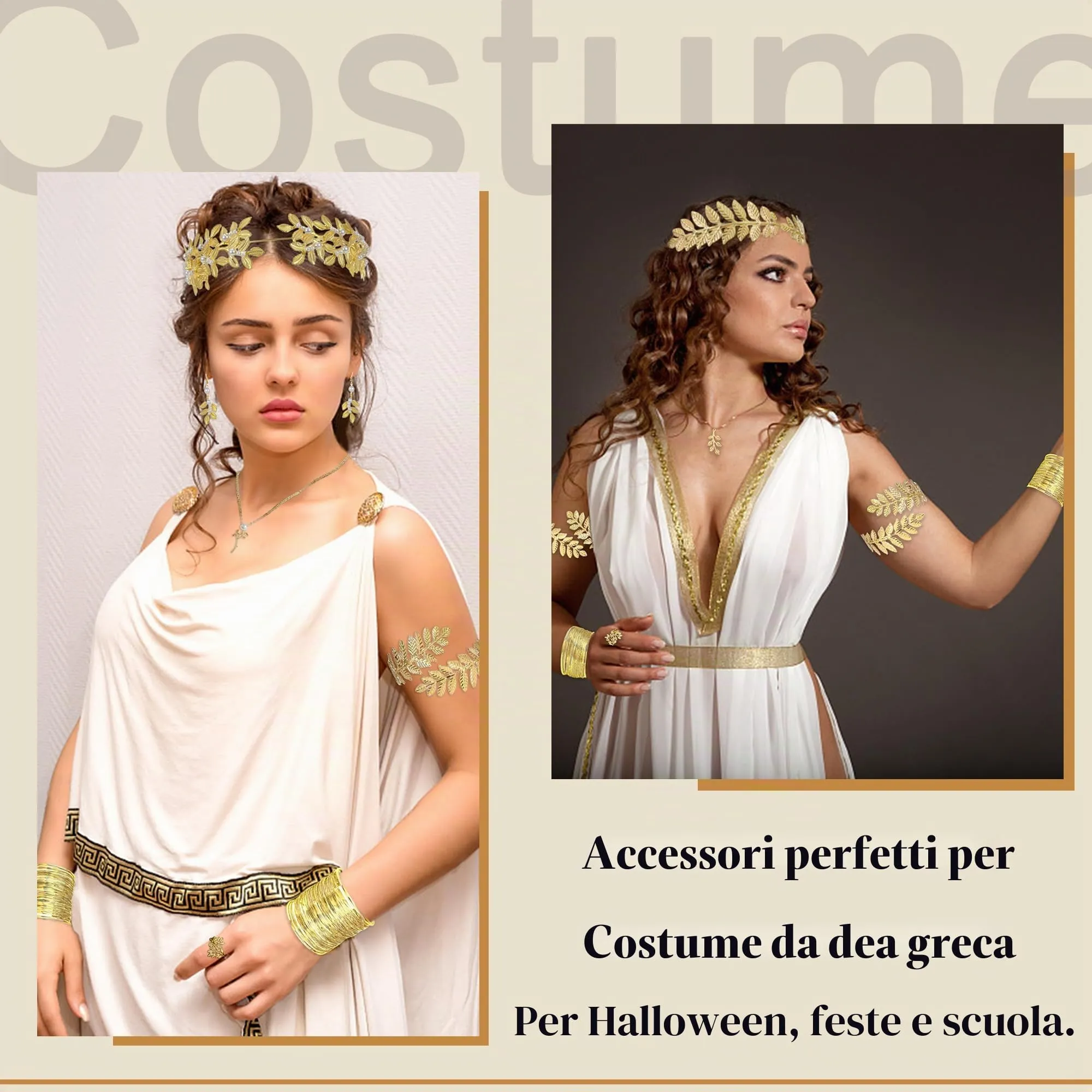 LOFITOR Set Accessori Dea Greca 9 Pezzi - Corona di Alloro, Bracciali a Spirale, Collana, Orecchini Pendenti con Perle - immagine 4