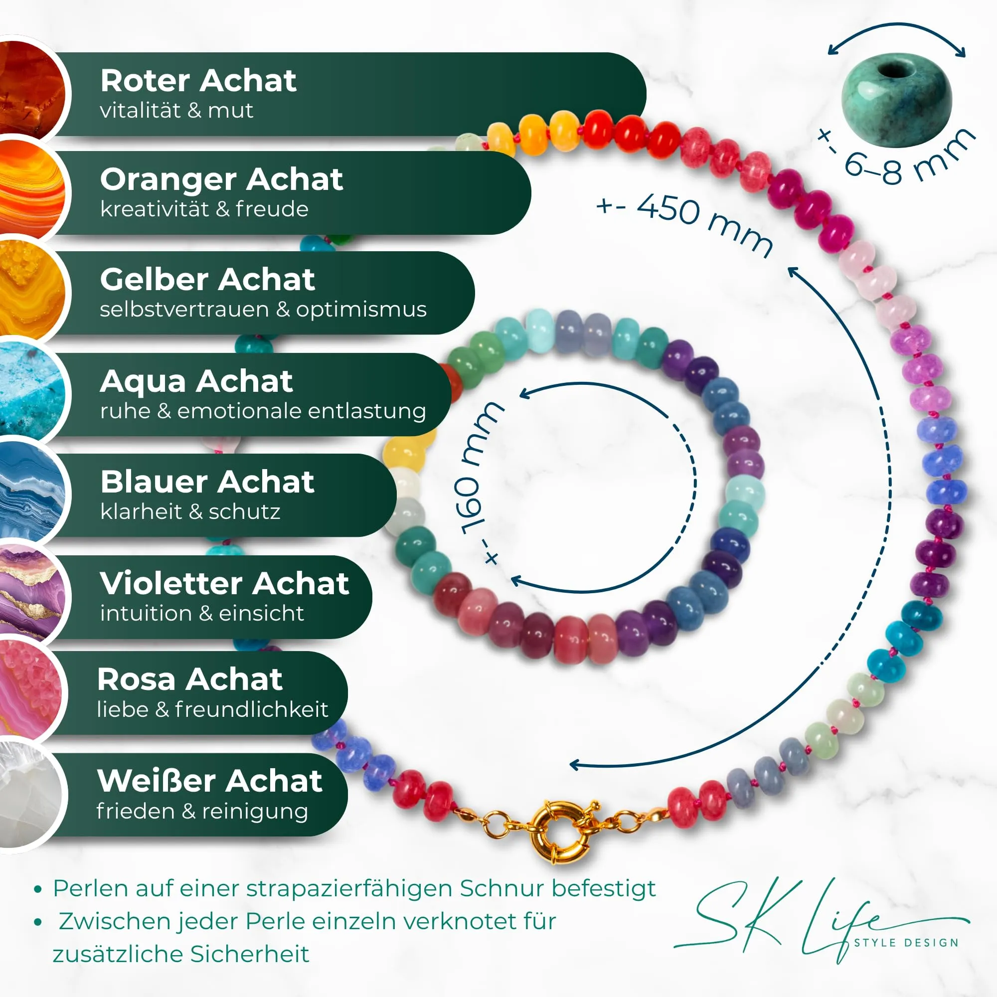 SKLife style design Set di collana e bracciale da donna in pietre naturali colorate, stile boho - immagine 7