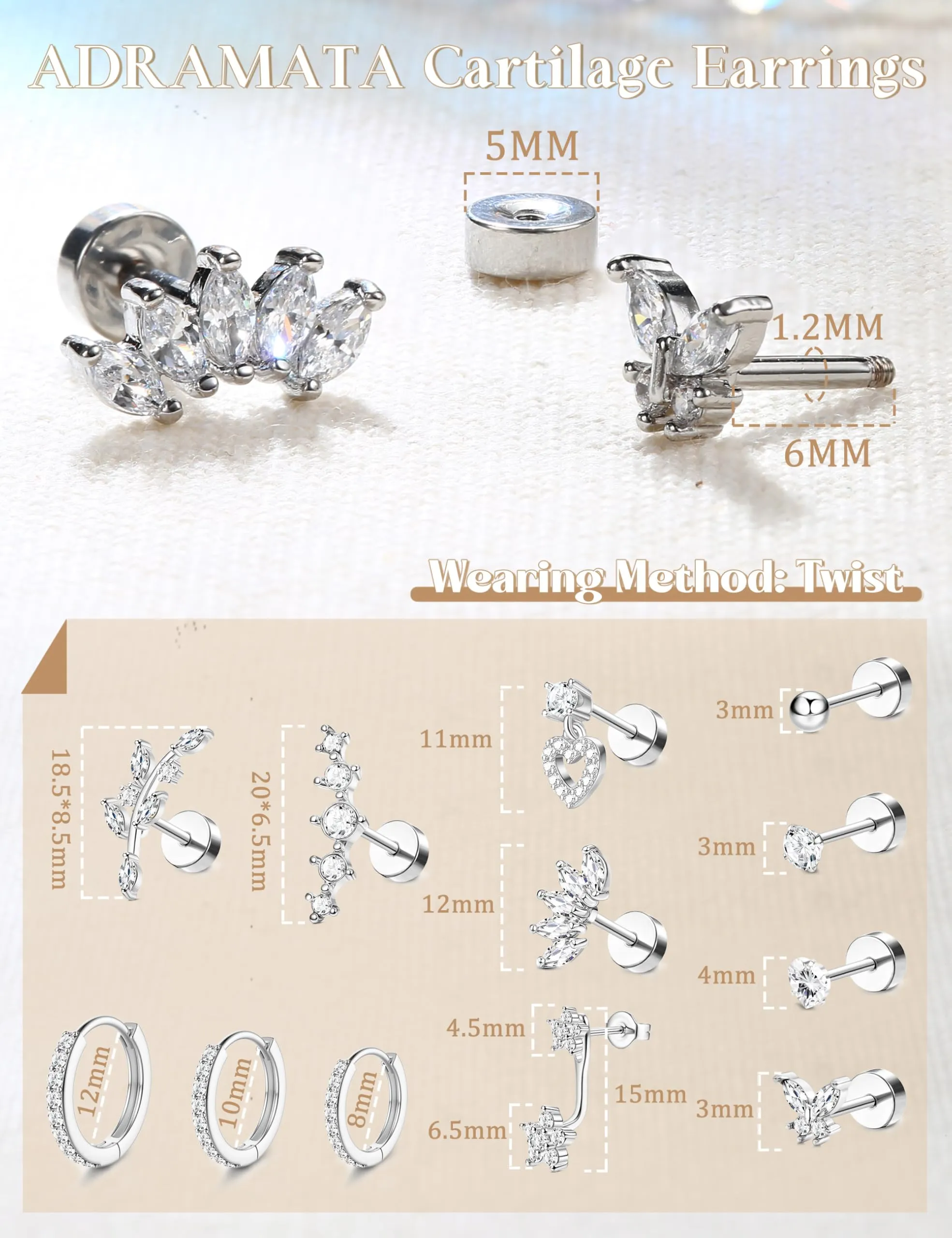 Adramata 12/14Pcs 16G Stainless Steel Ear Piercing Earrings Set - immagine 5