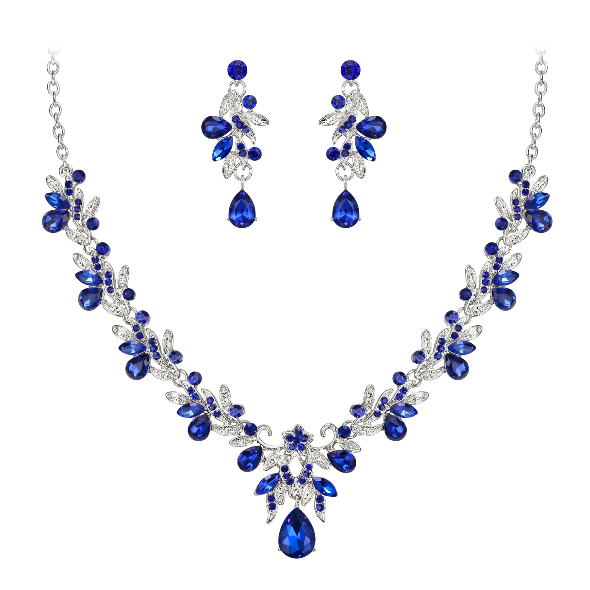 Clearine Set di gioielli con cristalli, strass, foglie e gocce, collana con ciondolo e orecchini, tono argento chiaro - immagine 1