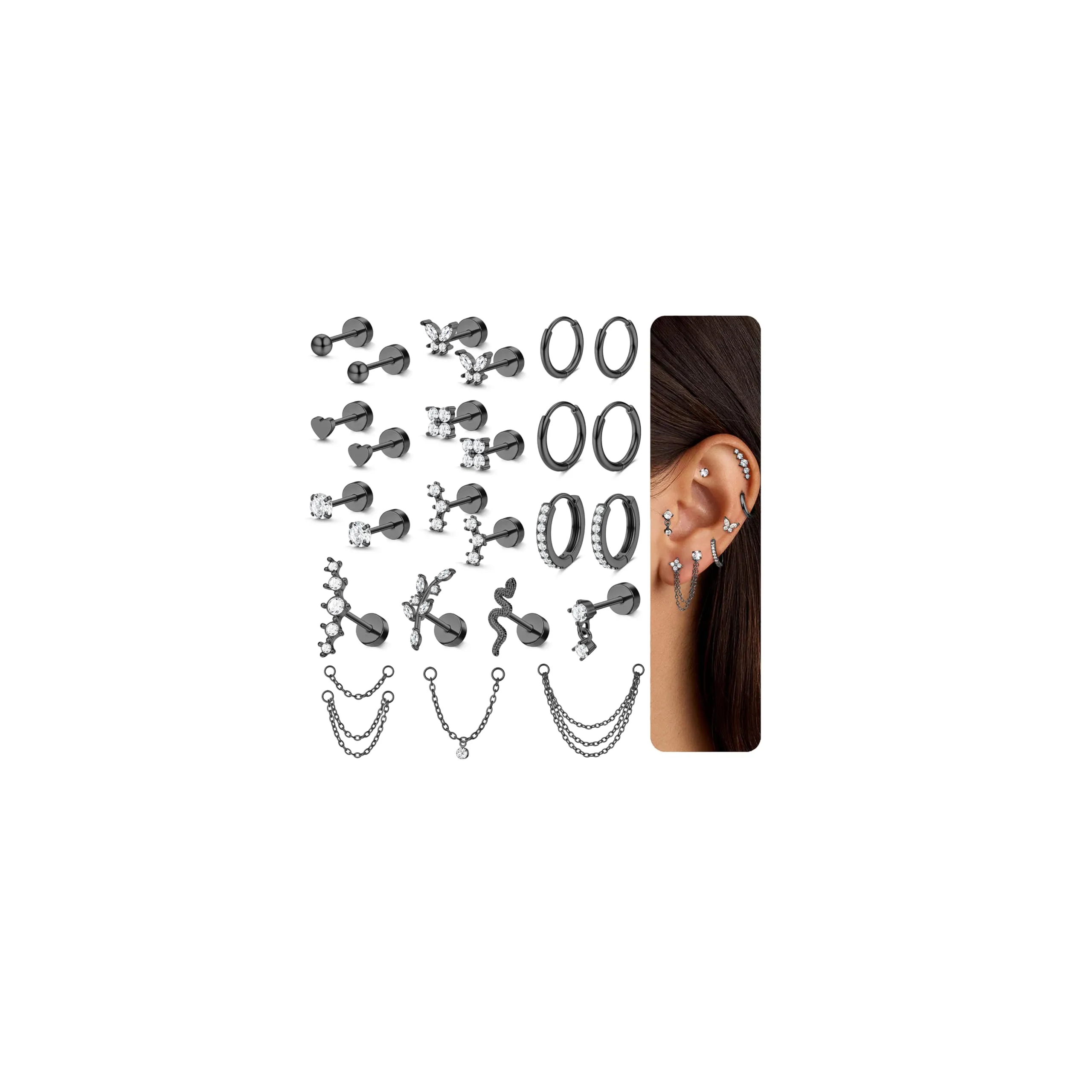 Chriscoco Set Piercing Orecchio 22 Pezzi in Acciaio Chirurgico Placcato Oro 14K, Argento e Nero per Helix, Trago, Conch e Lobo - immagine 1
