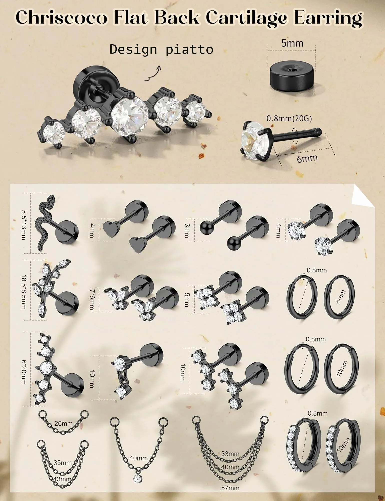 Chriscoco Set Piercing Orecchio 22 Pezzi in Acciaio Chirurgico Placcato Oro 14K, Argento e Nero per Helix, Trago, Conch e Lobo - immagine 2