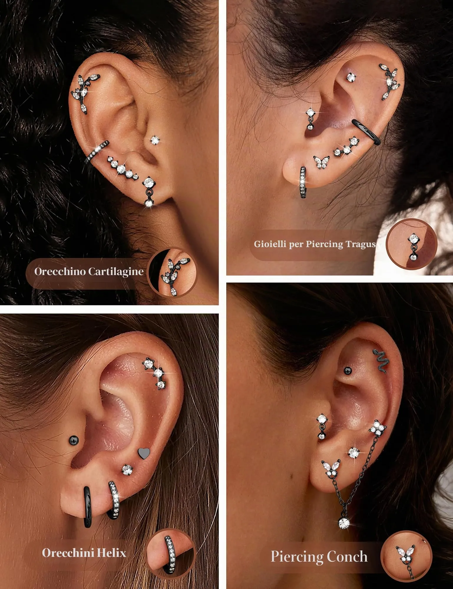 Chriscoco Set Piercing Orecchio 22 Pezzi in Acciaio Chirurgico Placcato Oro 14K, Argento e Nero per Helix, Trago, Conch e Lobo - immagine 3