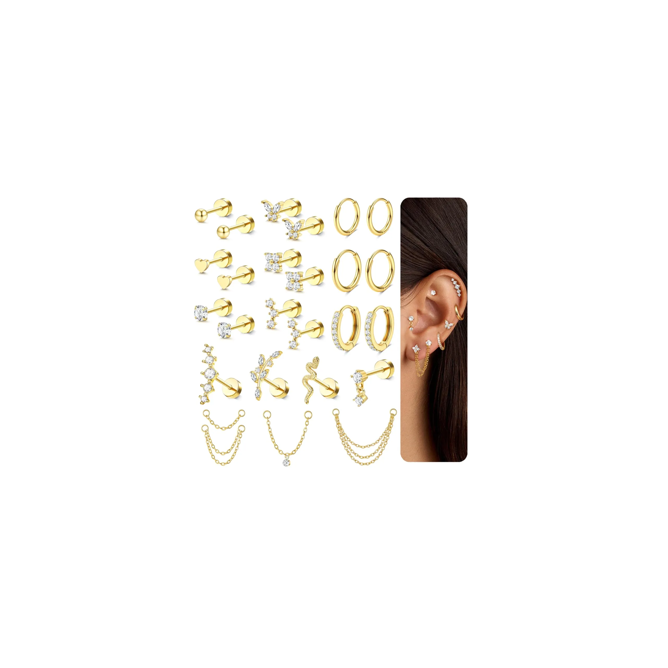 Chriscoco Set Piercing Orecchio 22 Pezzi in Acciaio Chirurgico Placcato Oro 14K e Argento per Helix, Trago e Cartilagine - immagine 1