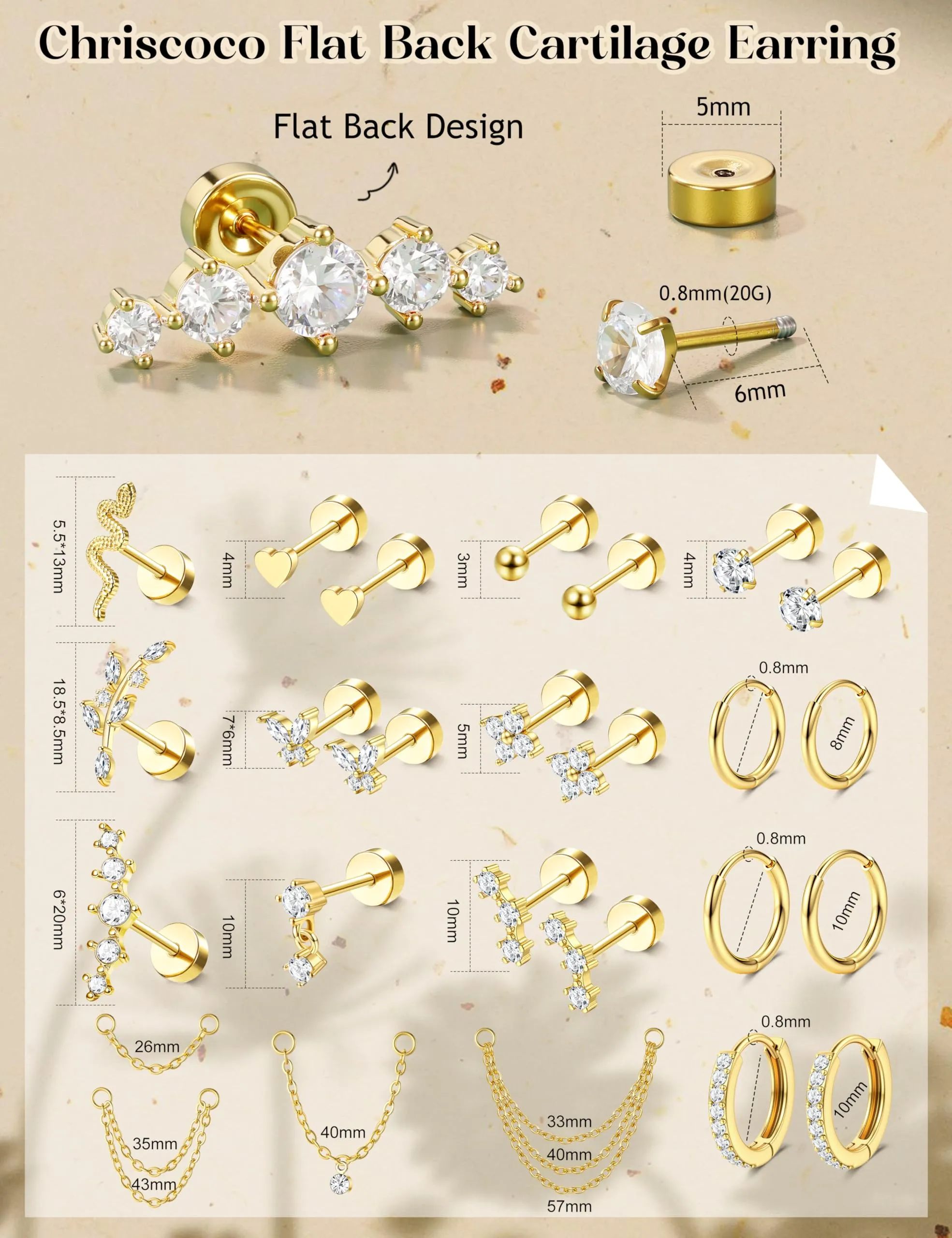 Chriscoco Set Piercing Orecchio 22 Pezzi in Acciaio Chirurgico Placcato Oro 14K e Argento per Helix, Trago e Cartilagine - immagine 2