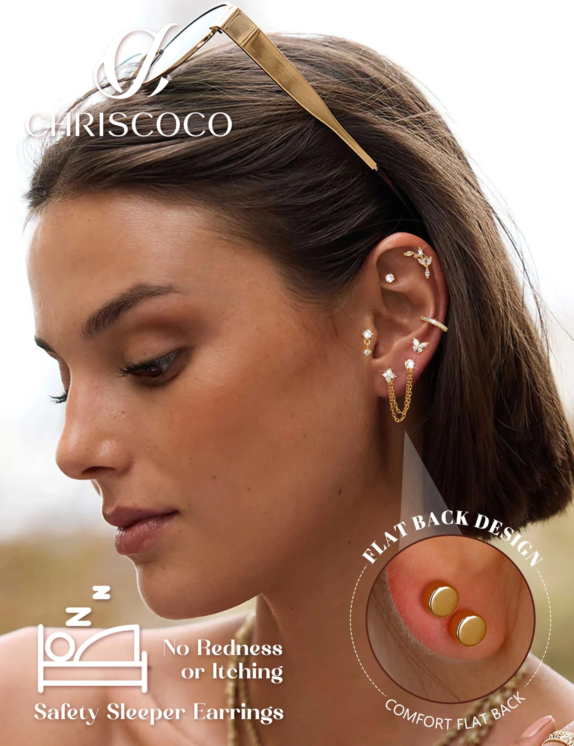Chriscoco Set Piercing Orecchio 22 Pezzi in Acciaio Chirurgico Placcato Oro 14K e Argento per Helix, Trago e Cartilagine - immagine 4