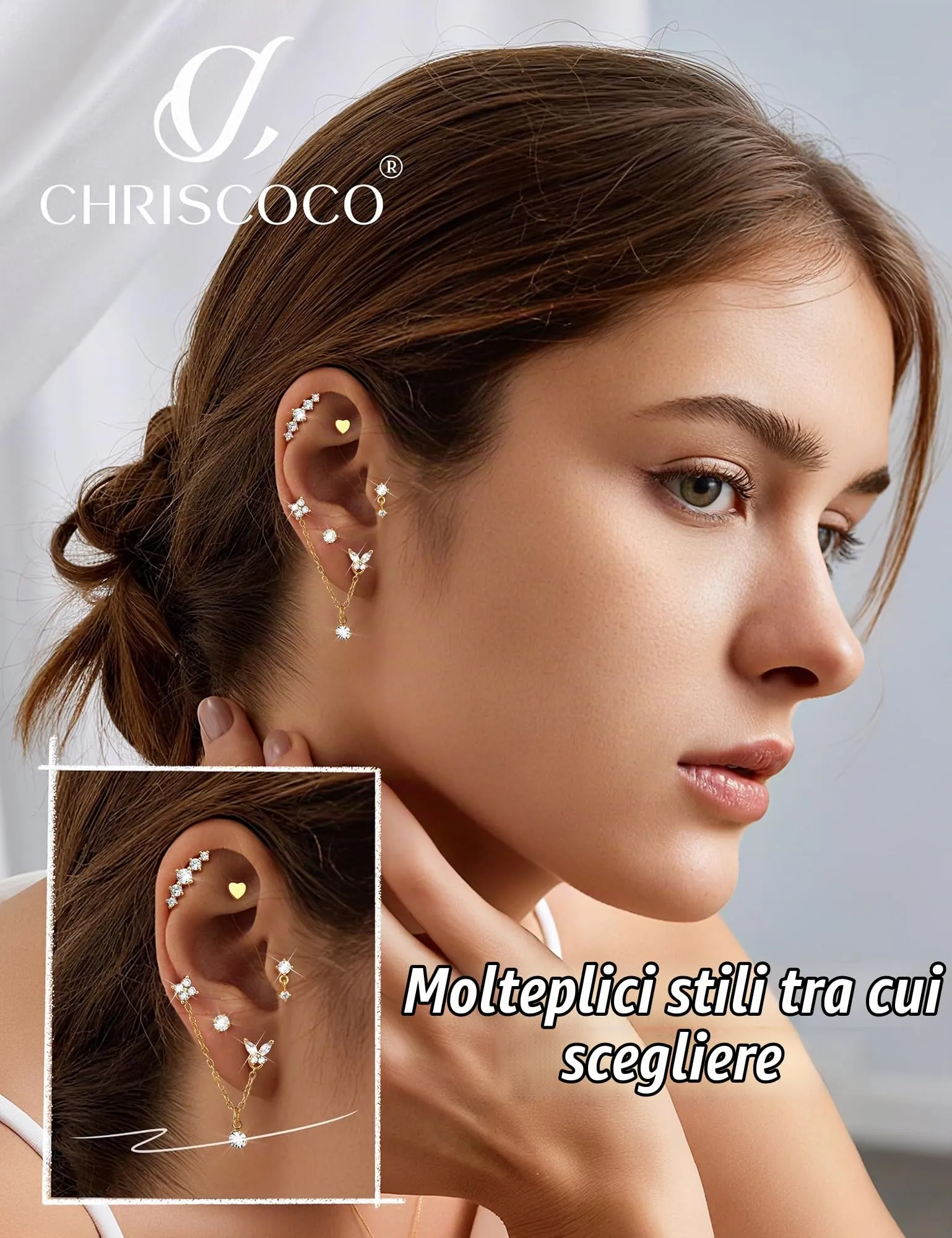 Chriscoco Set Piercing Orecchio 22 Pezzi in Acciaio Chirurgico Placcato Oro 14K e Argento per Helix, Trago e Cartilagine - immagine 5
