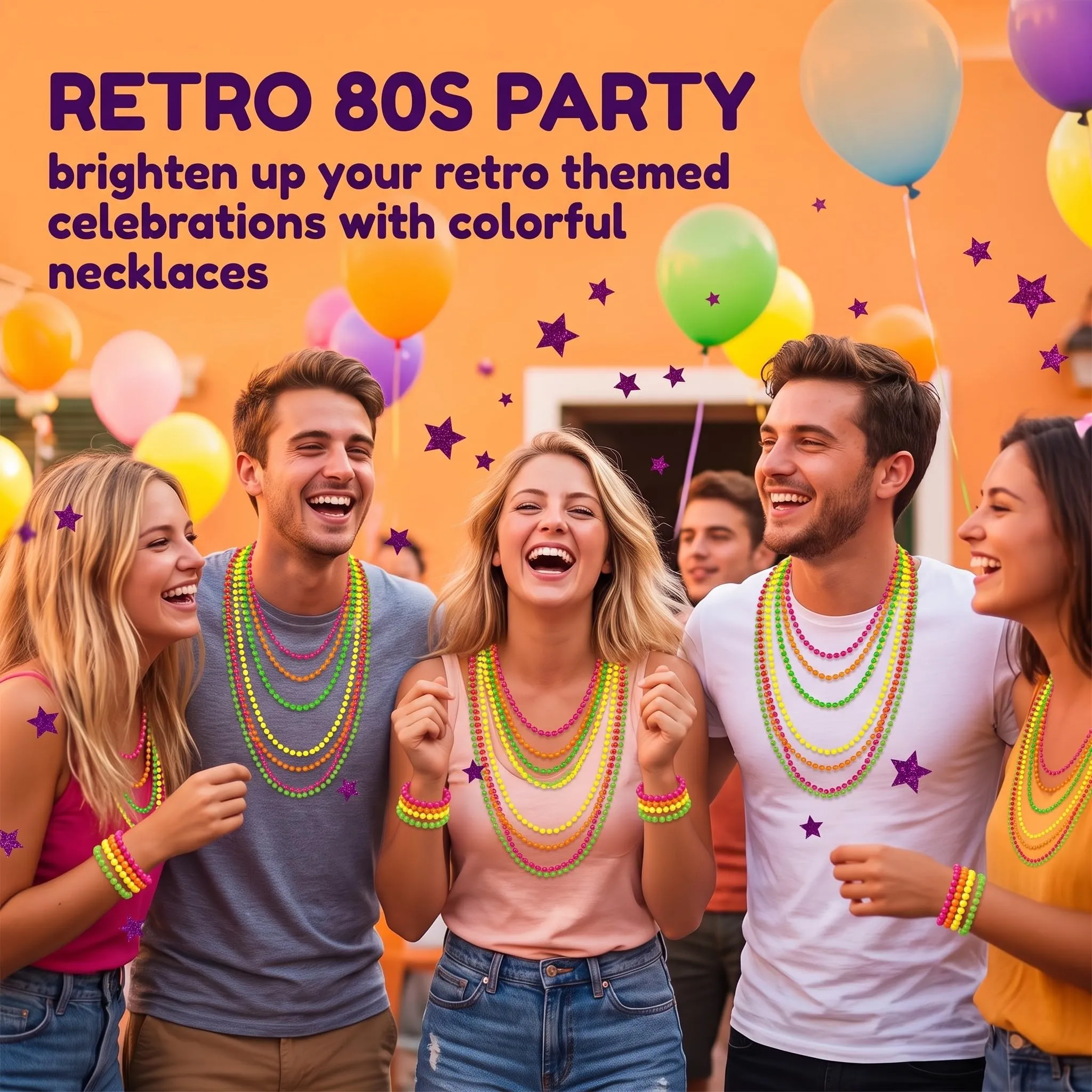 ZETKUS Set 8 Accessori Neon Anni '80, Collane e Braccialetti di Perle Multicolore per Feste a Tema UV, Rave e Carnevali - immagine 2