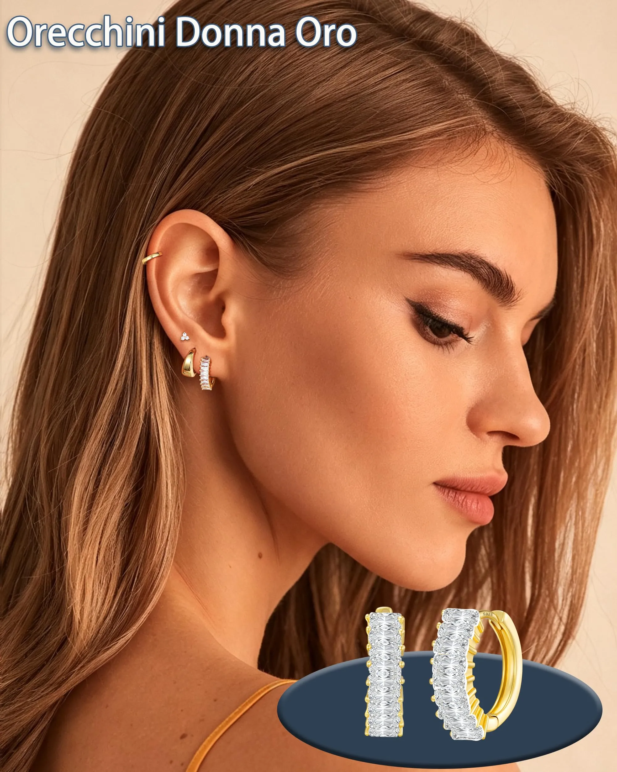 Diorra Set 4 Paia Orecchini Donna Oro 14K con Zirconi, Cerchi e Bottoni Ipoallergenici - immagine 2