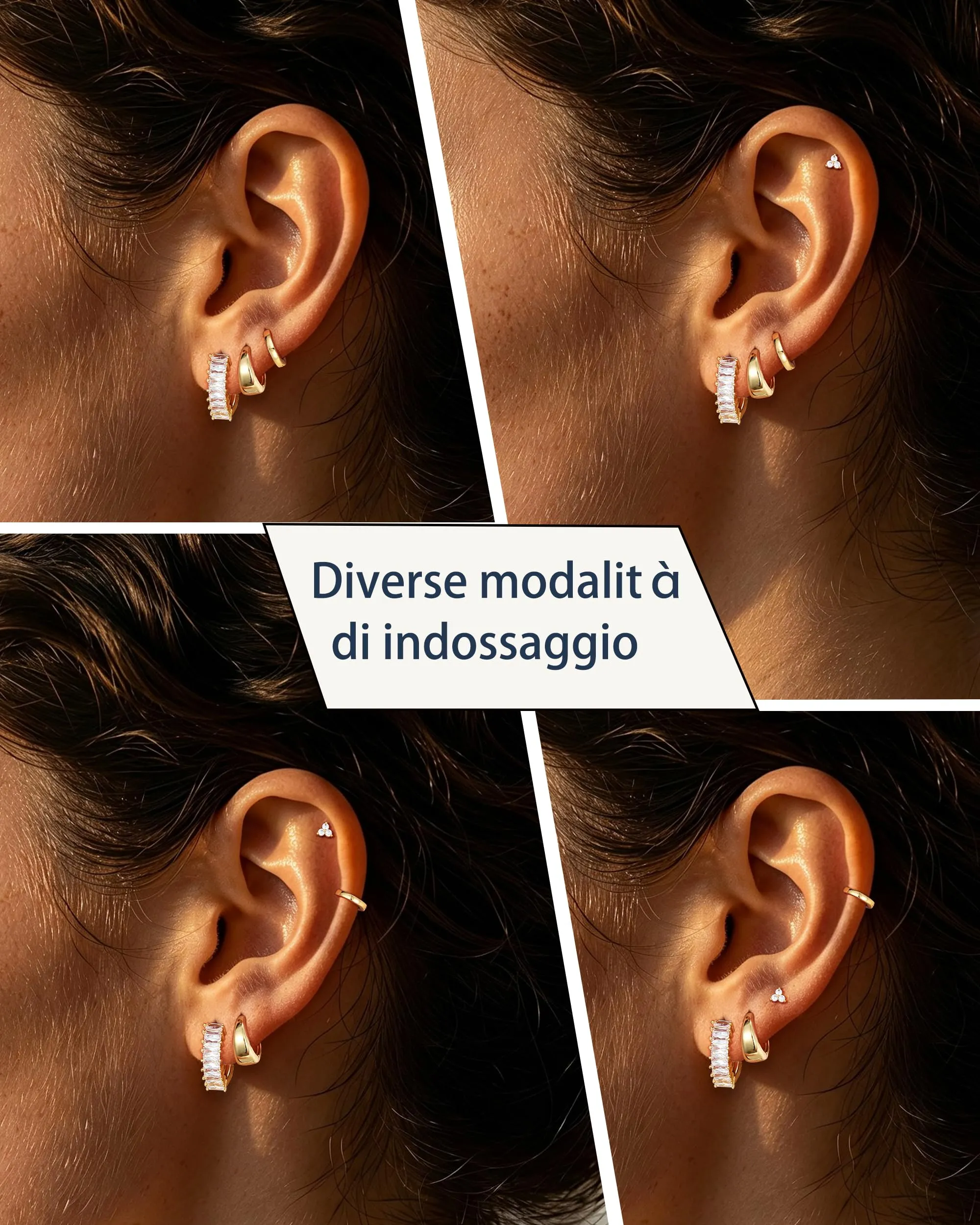Diorra Set 4 Paia Orecchini Donna Oro 14K con Zirconi, Cerchi e Bottoni Ipoallergenici - immagine 4
