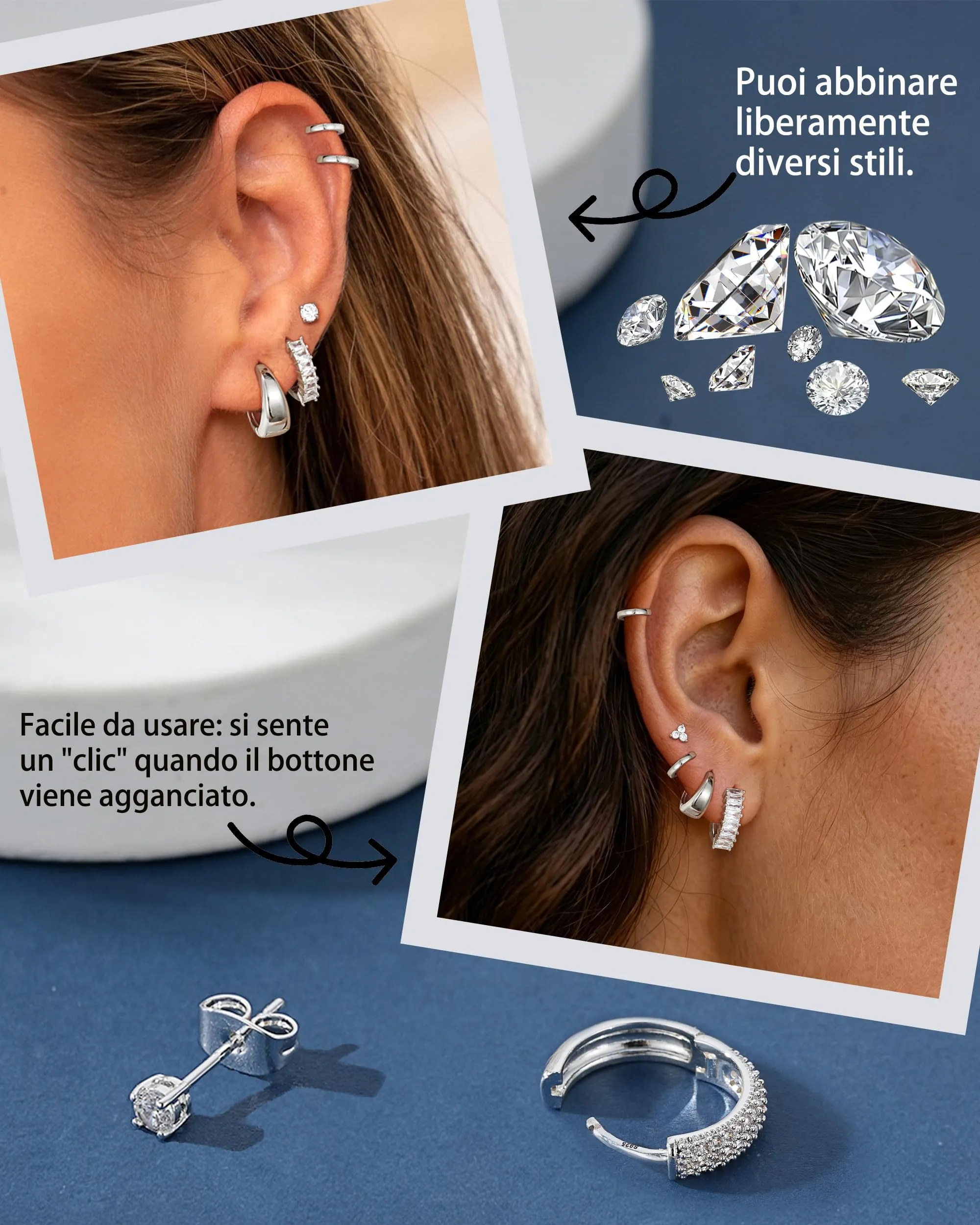 Diorra Set Orecchini Donna Argento 925 e Zirconi, 4 Paia (Cerchi e Bottone) - immagine 5