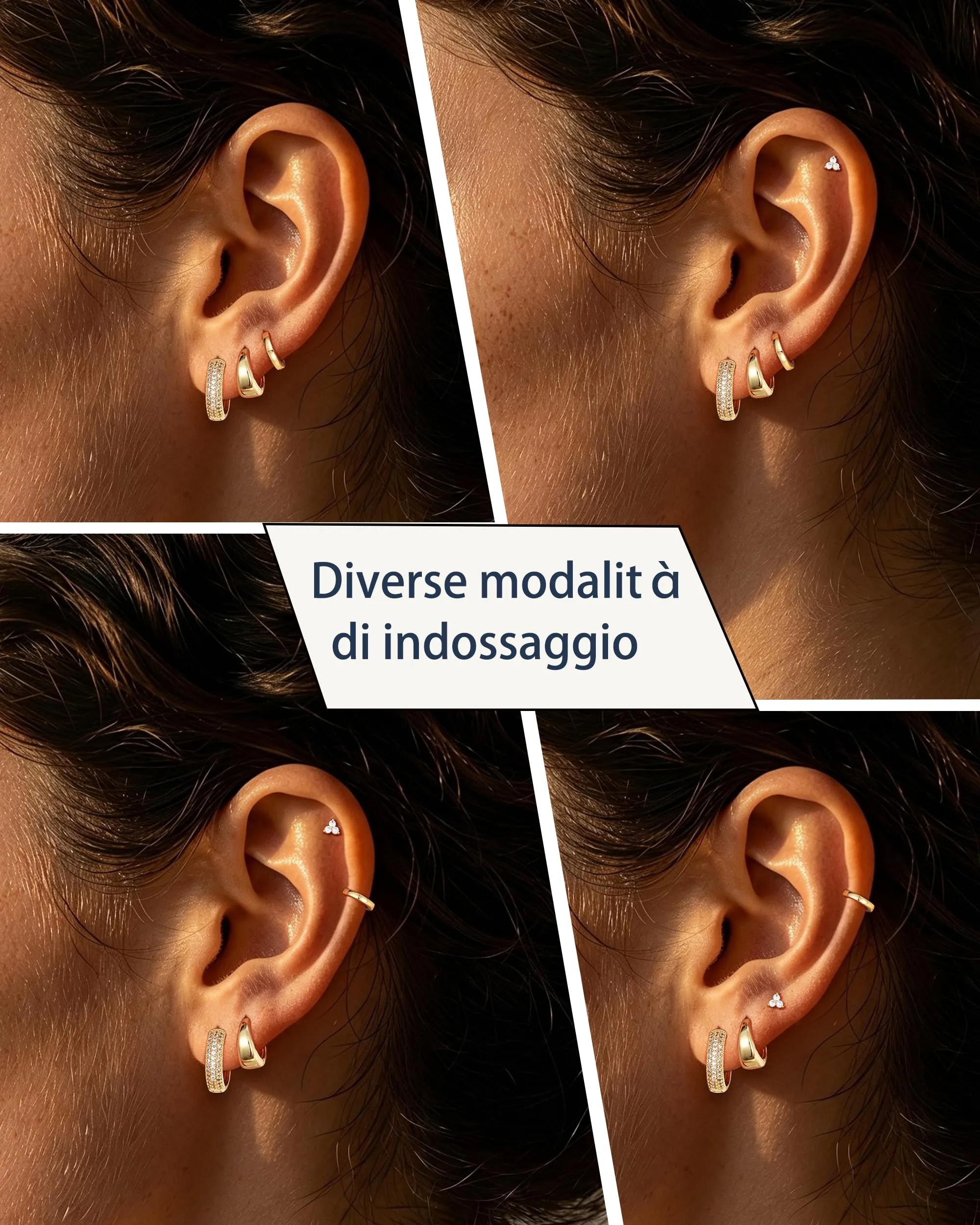 Diorra Set di 4 Paia di Orecchini Donna in Oro 14K con Zirconi e Cerchi Ipoallergenici - immagine 3