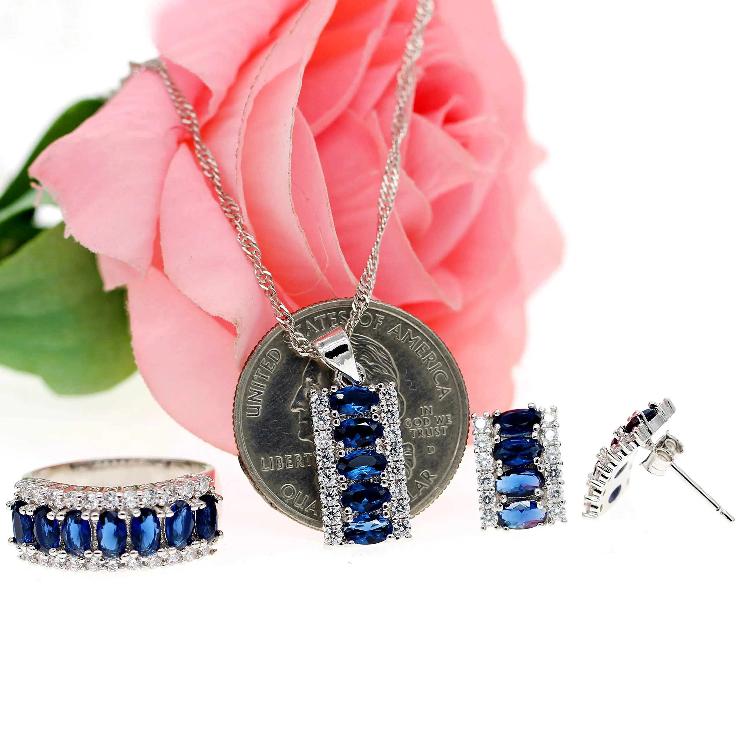 Uloveido Set di Gioielli in Cristallo e Zirconi Cubici Blu (Collana, Orecchini, Anello) - immagine 4