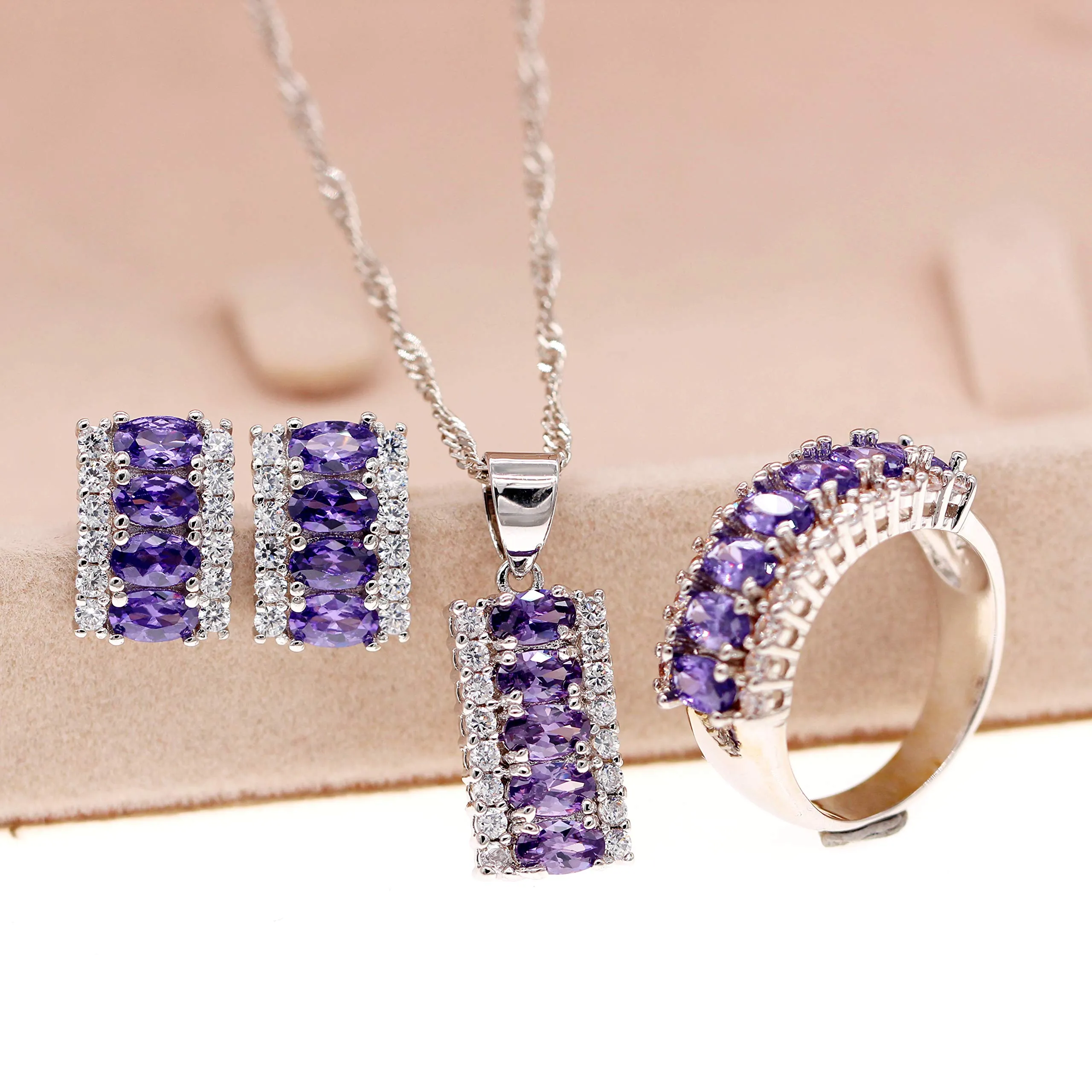 Uloveido T502 Set di gioielli da donna placcatura in platino con zirconia cubica a taglio ovale, orecchini, anello e collana, mezza luna, R1/2(59.5mm), Ottone Oro - immagine 3