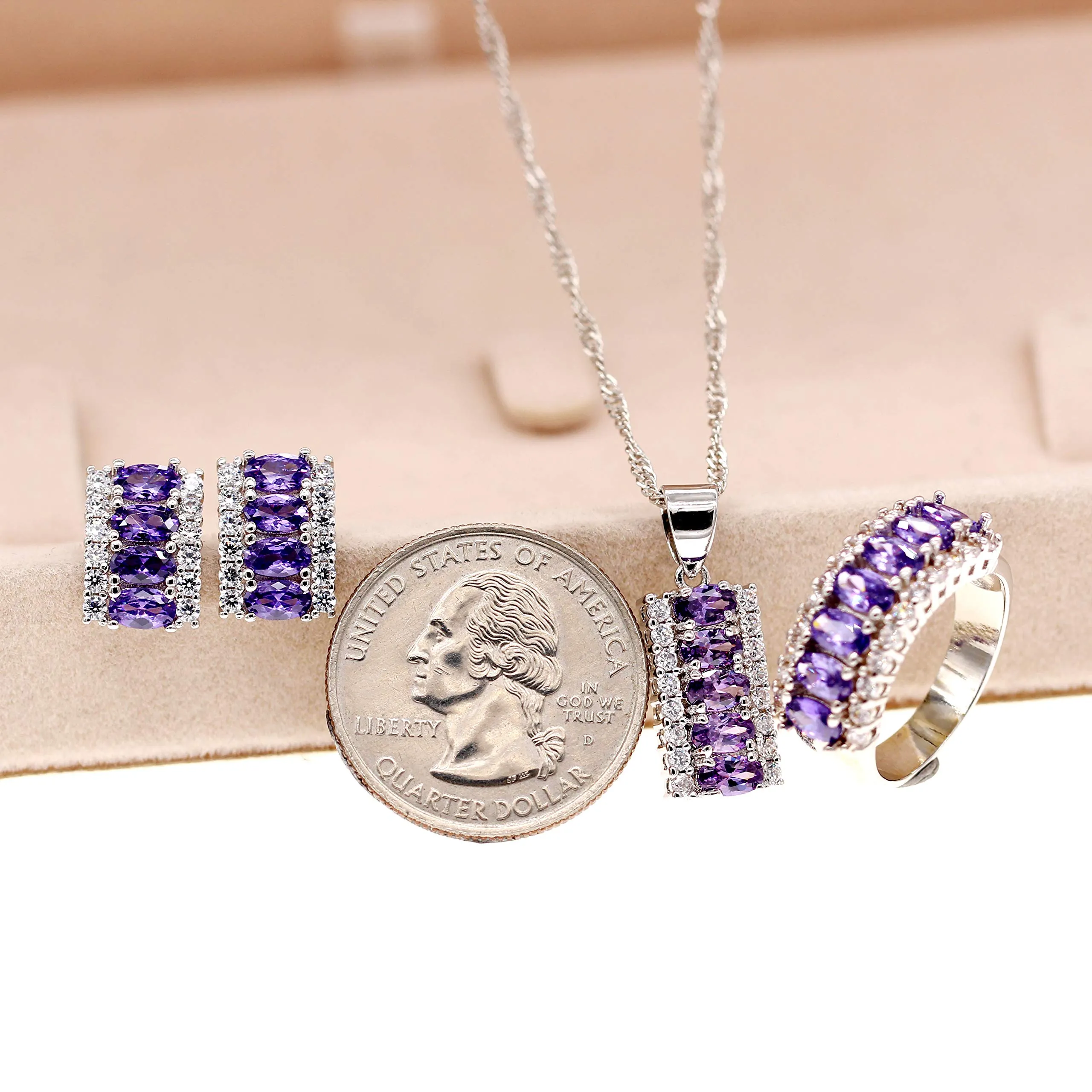 Uloveido T502 Set di gioielli da donna placcatura in platino con zirconia cubica a taglio ovale, orecchini, anello e collana, mezza luna, R1/2(59.5mm), Ottone Oro - immagine 4