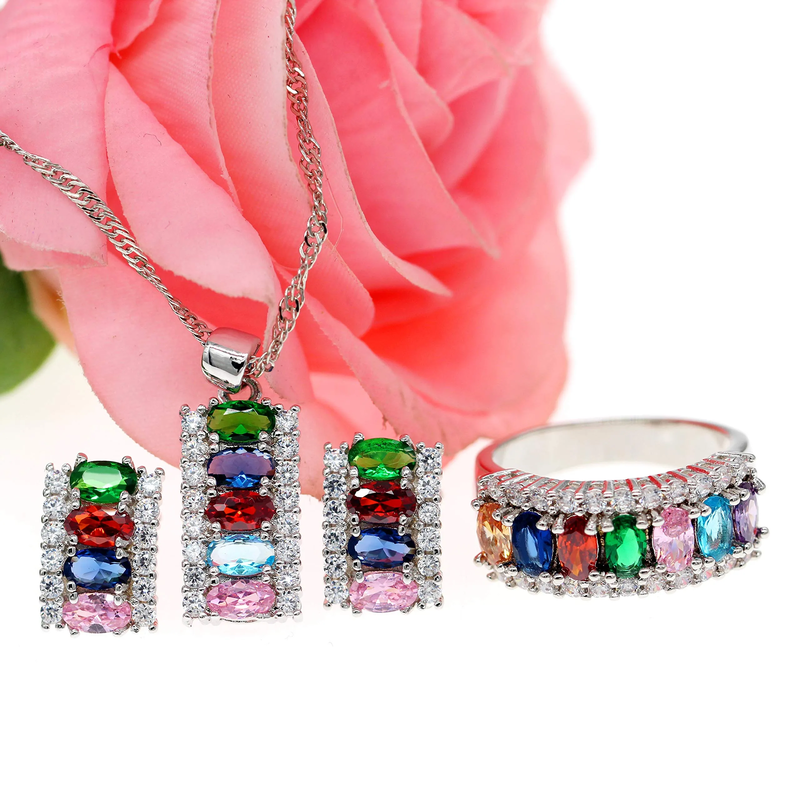 Uloveido Set di Gioielli Mezza Luna T502, Collana, Orecchini e Anello placcati in Platino con Zirconia Cubica Taglio Ovale, L1/2(51.9mm) - immagine 4