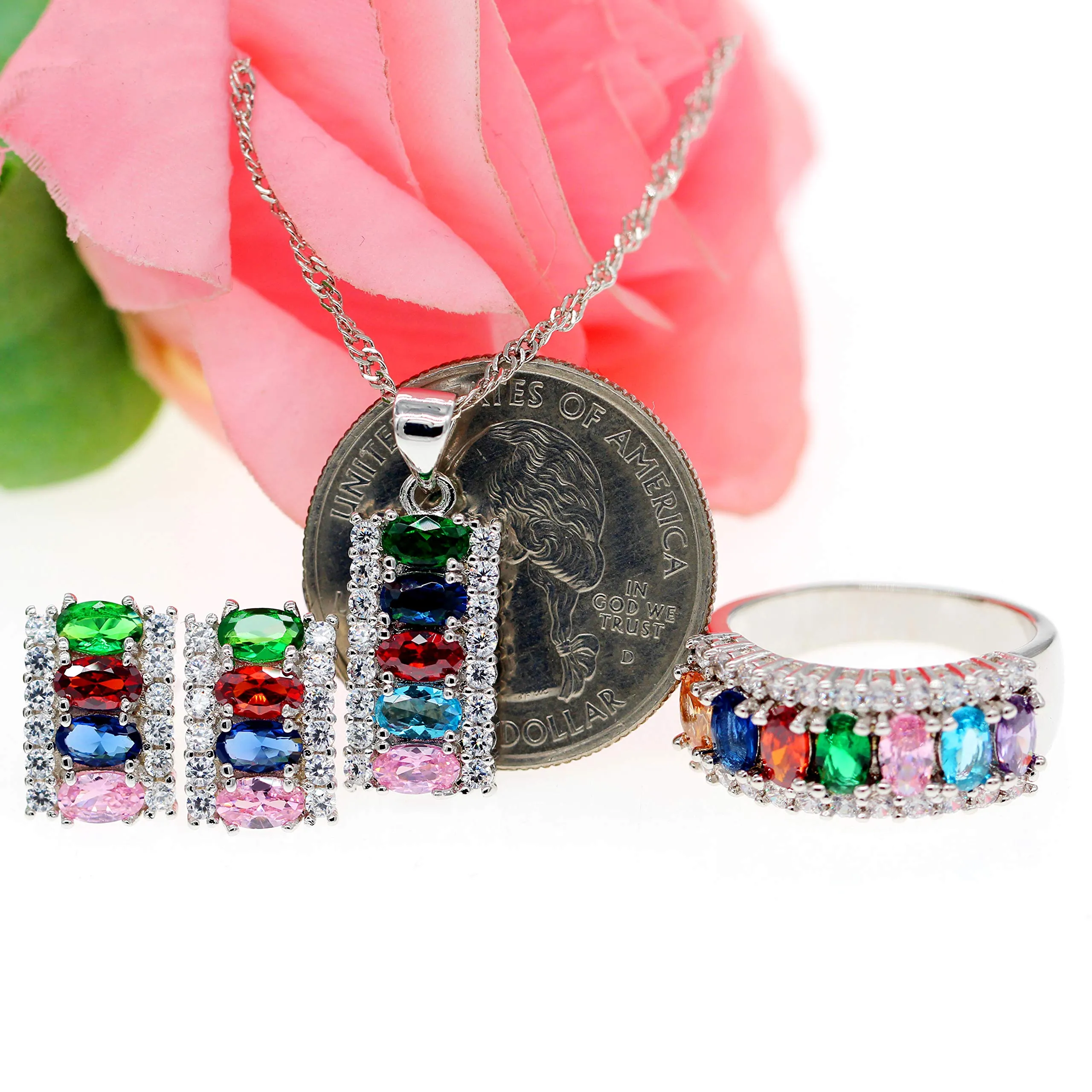 Uloveido Set di Gioielli Mezza Luna T502, Collana, Orecchini e Anello placcati in Platino con Zirconia Cubica Taglio Ovale, L1/2(51.9mm) - immagine 6