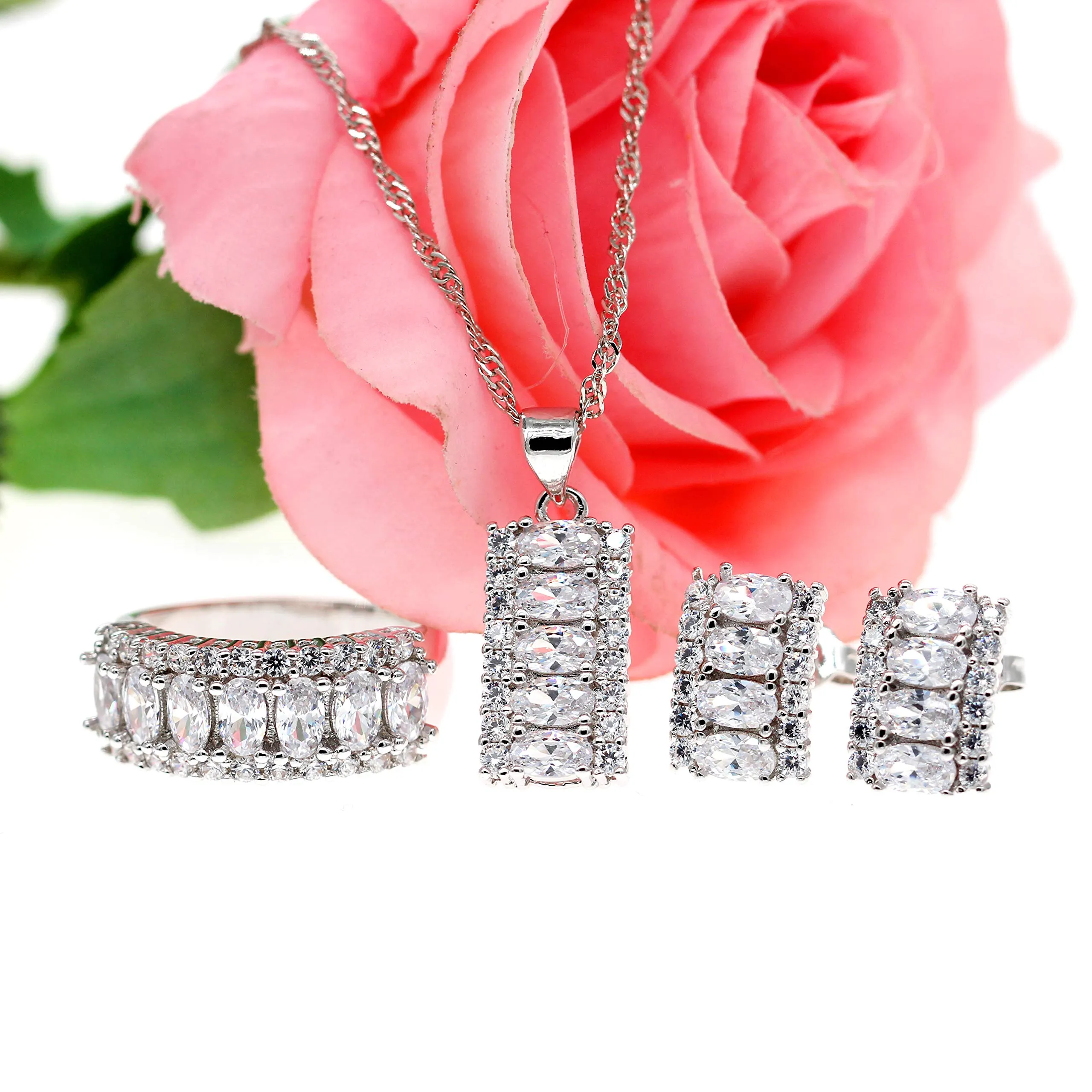 Uloveido T502 Set di gioielli da donna in ottone placcato platino con zirconia cubica, collana, orecchini e anello P1/2(57mm) - immagine 4