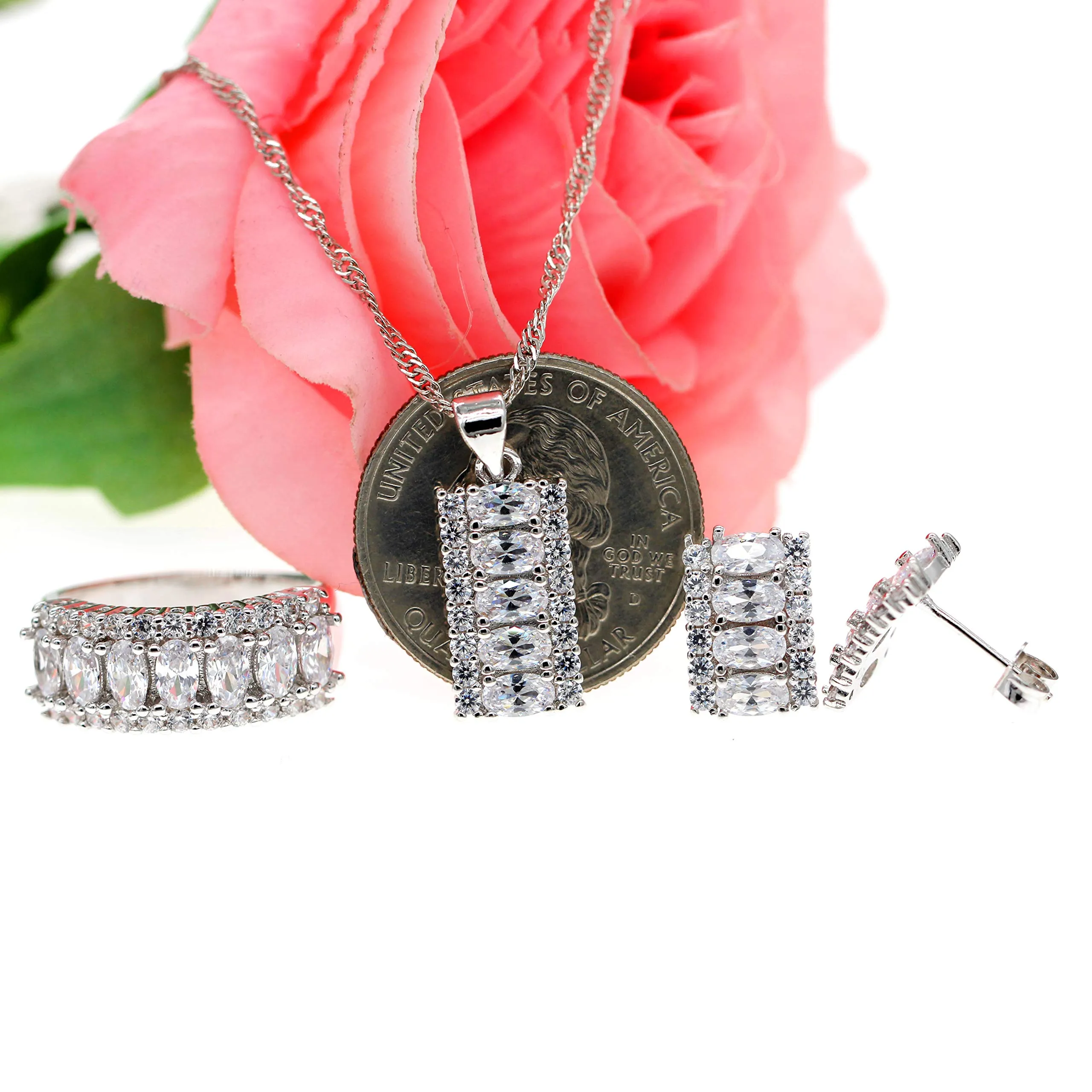 Uloveido T502 Set di gioielli da donna in ottone placcato platino con zirconia cubica, collana, orecchini e anello P1/2(57mm) - immagine 5