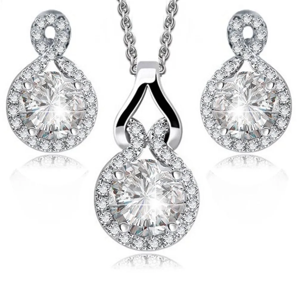 Crystalline Azuria Donna Parure Collana con Ciondolo 45 cm e Orecchini a Lobo, 18ct Placcato Oro Bianco, Cristalli di Zirconi Bianchi - immagine 1