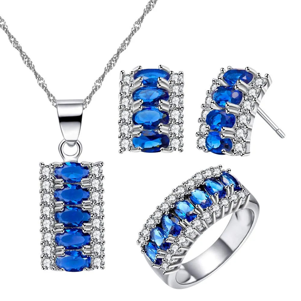Uloveido Set di Gioielli in Cristallo Zircone Blu Royal, Placcato in Platino - Collana, Orecchini e Anello - immagine 1