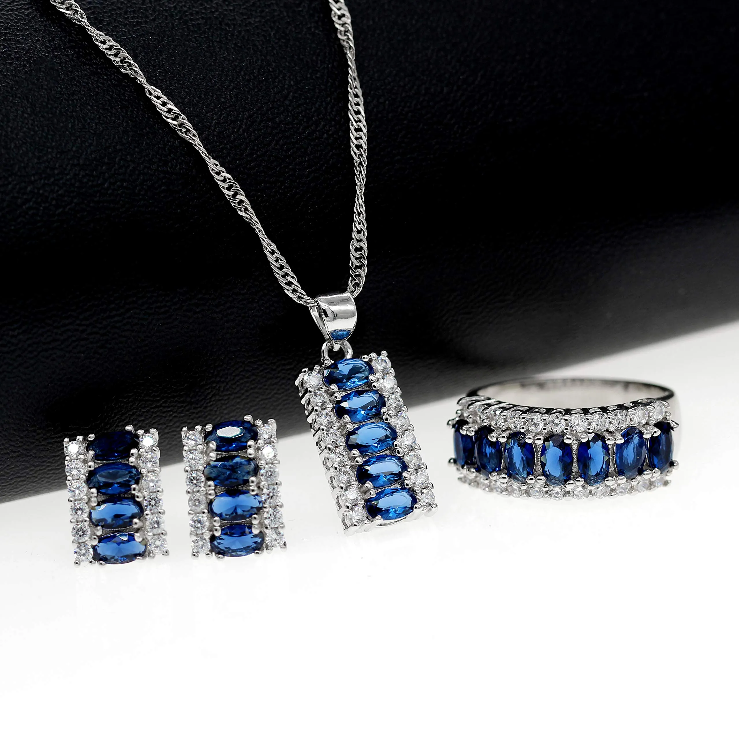 Uloveido Set di Gioielli in Cristallo Zircone Blu Royal, Placcato in Platino - Collana, Orecchini e Anello - immagine 5