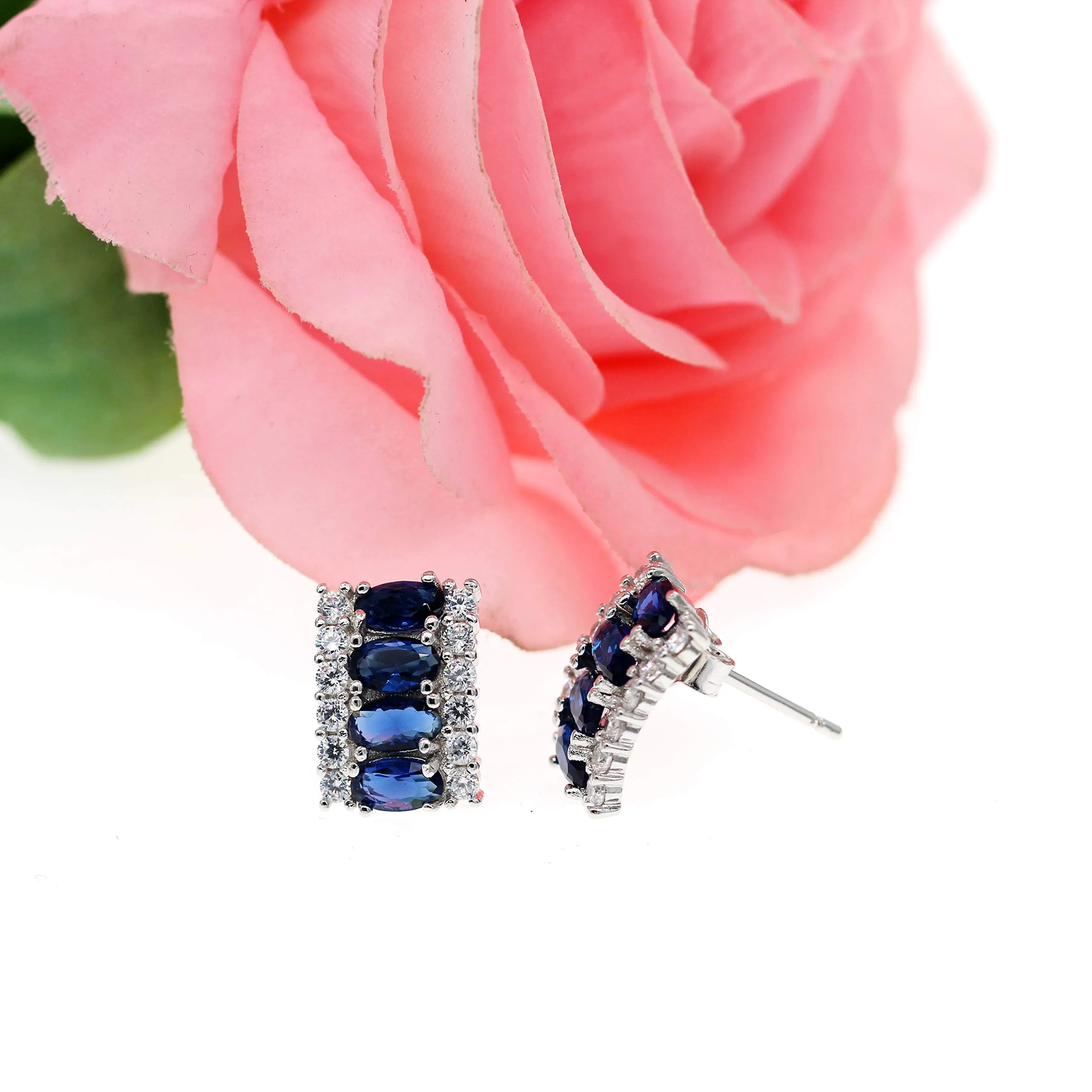 Uloveido Set di Gioielli in Cristallo Zircone Blu Royal, Placcato in Platino - Collana, Orecchini e Anello - immagine 6