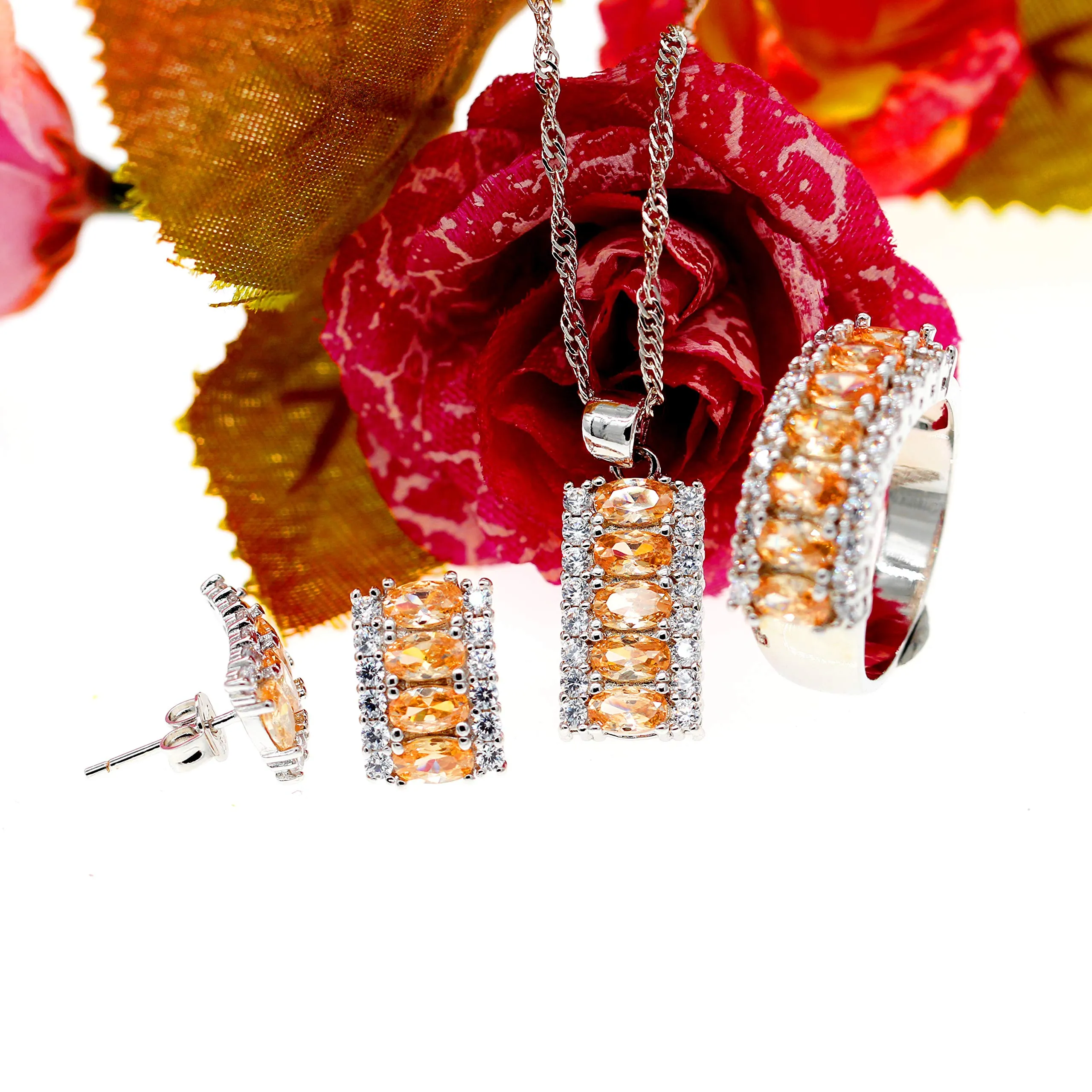 Uloveido Set di Gioielli in Oro Bianco con Cubic Zirconia Champagne Giallo - Collana, Orecchini a Bottone e Anello - immagine 4
