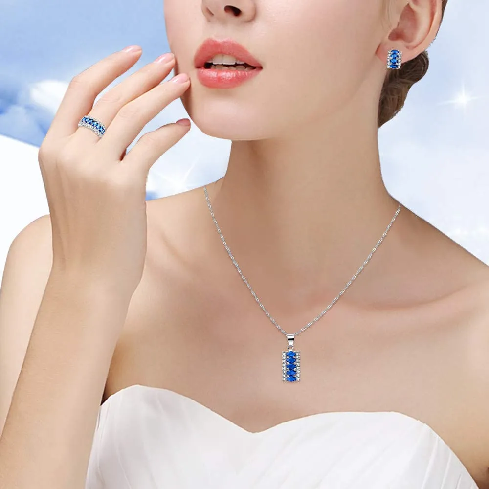 Uloveido Set di Gioielli in Zaffiro Blu Navy e Cubic Zirconia Placcato Oro Bianco - Collana, Orecchini e Anello - immagine 2