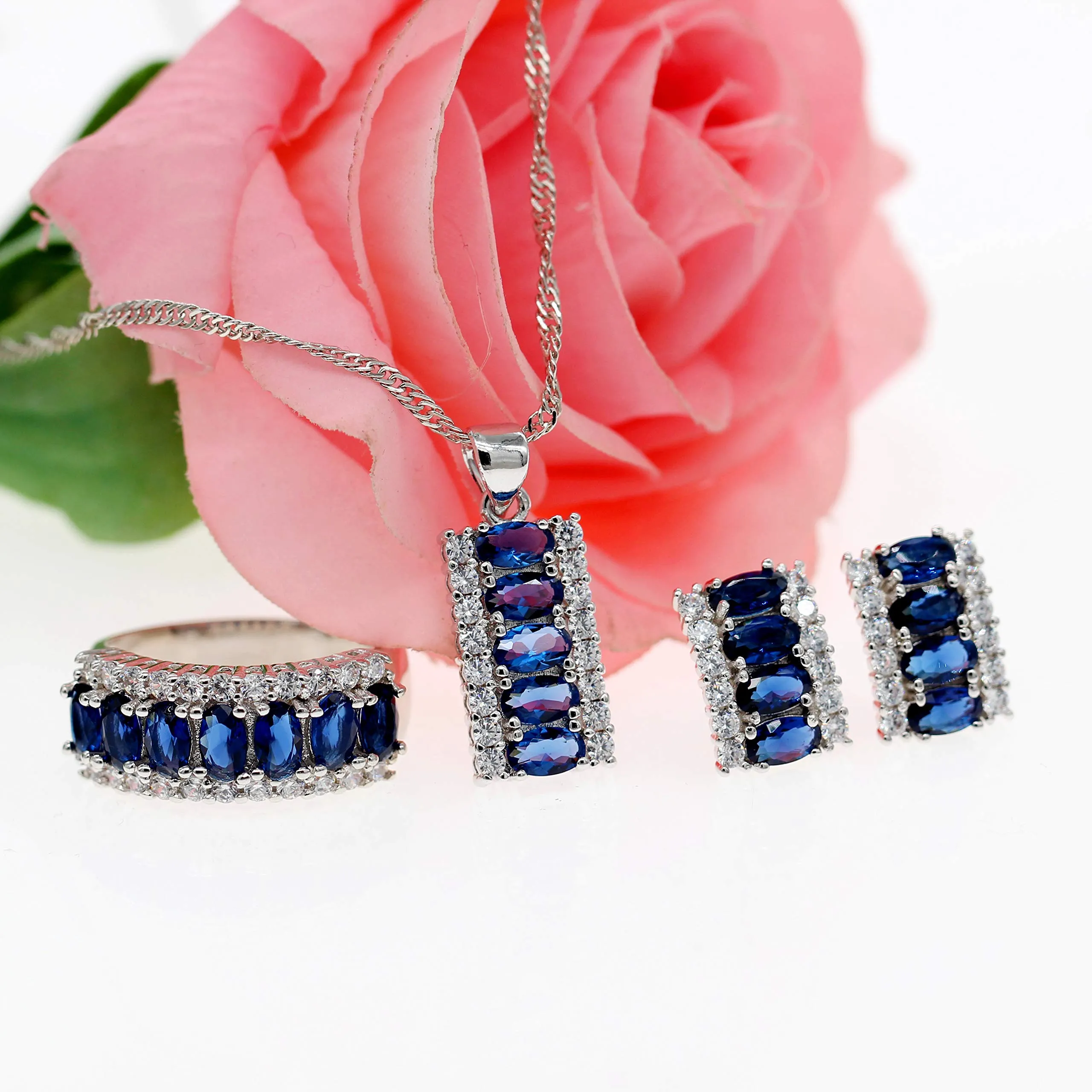 Uloveido Set di Gioielli in Zaffiro Blu Navy e Cubic Zirconia Placcato Oro Bianco - Collana, Orecchini e Anello - immagine 3