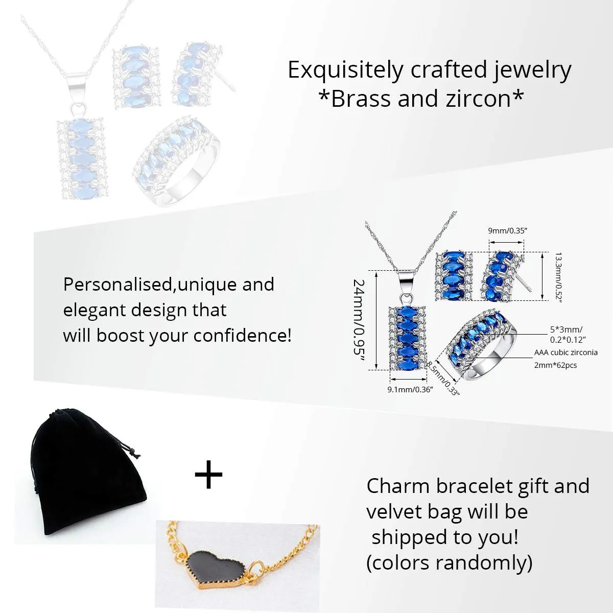 Uloveido Set di Gioielli in Zaffiro Blu Navy e Cubic Zirconia Placcato Oro Bianco - Collana, Orecchini e Anello - immagine 7
