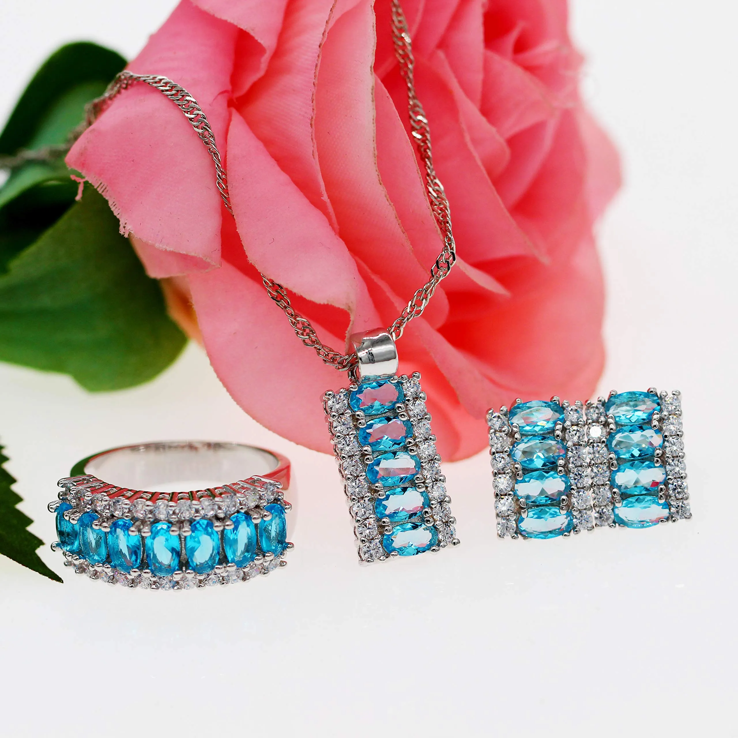 Uloveido Set di Gioielli a Mezzaluna con Zirconia Cubica Champagne Giallo/Blu, Collana, Orecchini e Anello T506 N1/2(54.4mm) - immagine 3