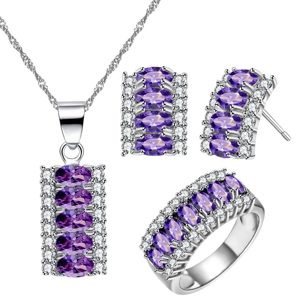 Uloveido T502 Set di gioielli da donna in ottone placcato platino con zirconia cubica a taglio ovale, include orecchini, anello e collana, P1/2(57mm) - immagine 1