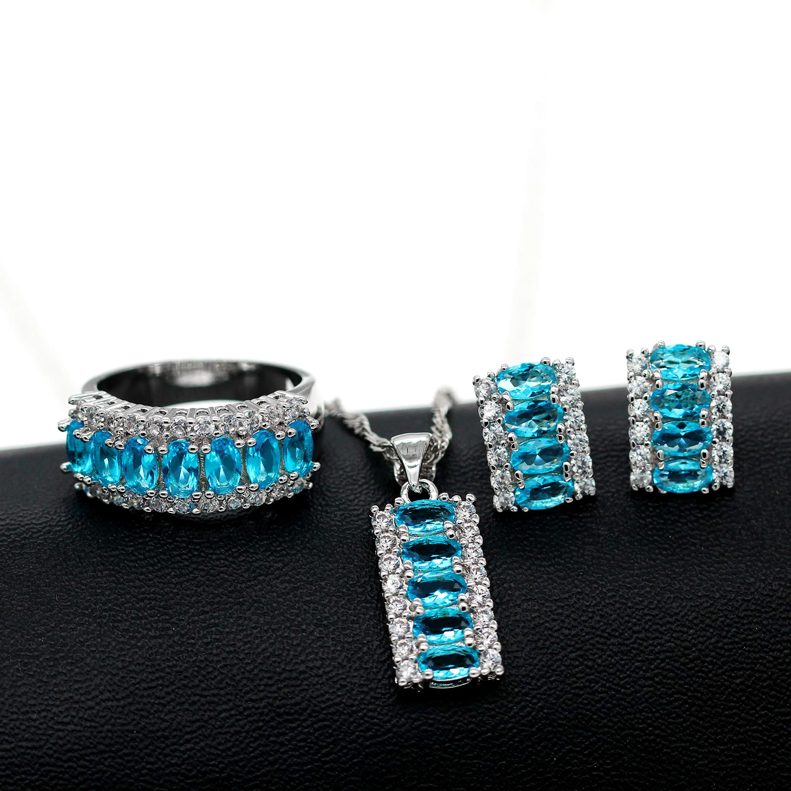 Uloveido Set Gioielli Mezza Luna T502 Collana Orecchini e Anello Placcato Platino Zirconia Cubica Taglio Ovale L1/2(51.9mm) - immagine 5