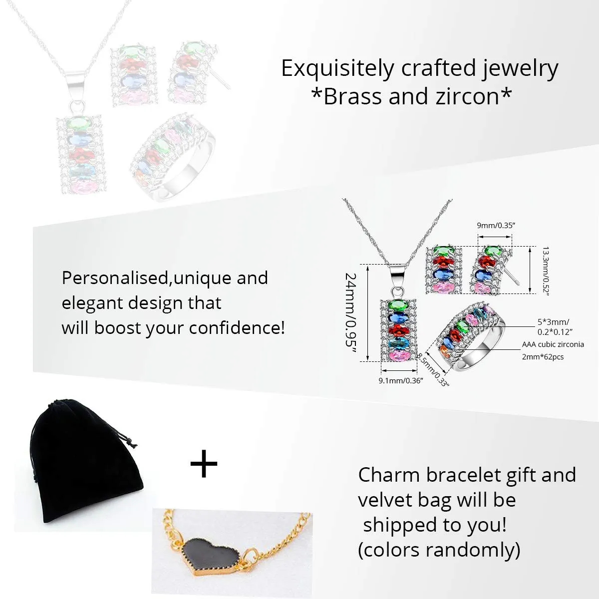 Uloveido T502 Set di gioielli da donna con collana, orecchini e anello in zirconia cubica placcata in platino, 7 pietre taglio ovale, mezza luna, P1/2(57mm), Ottone Metallo - immagine 7