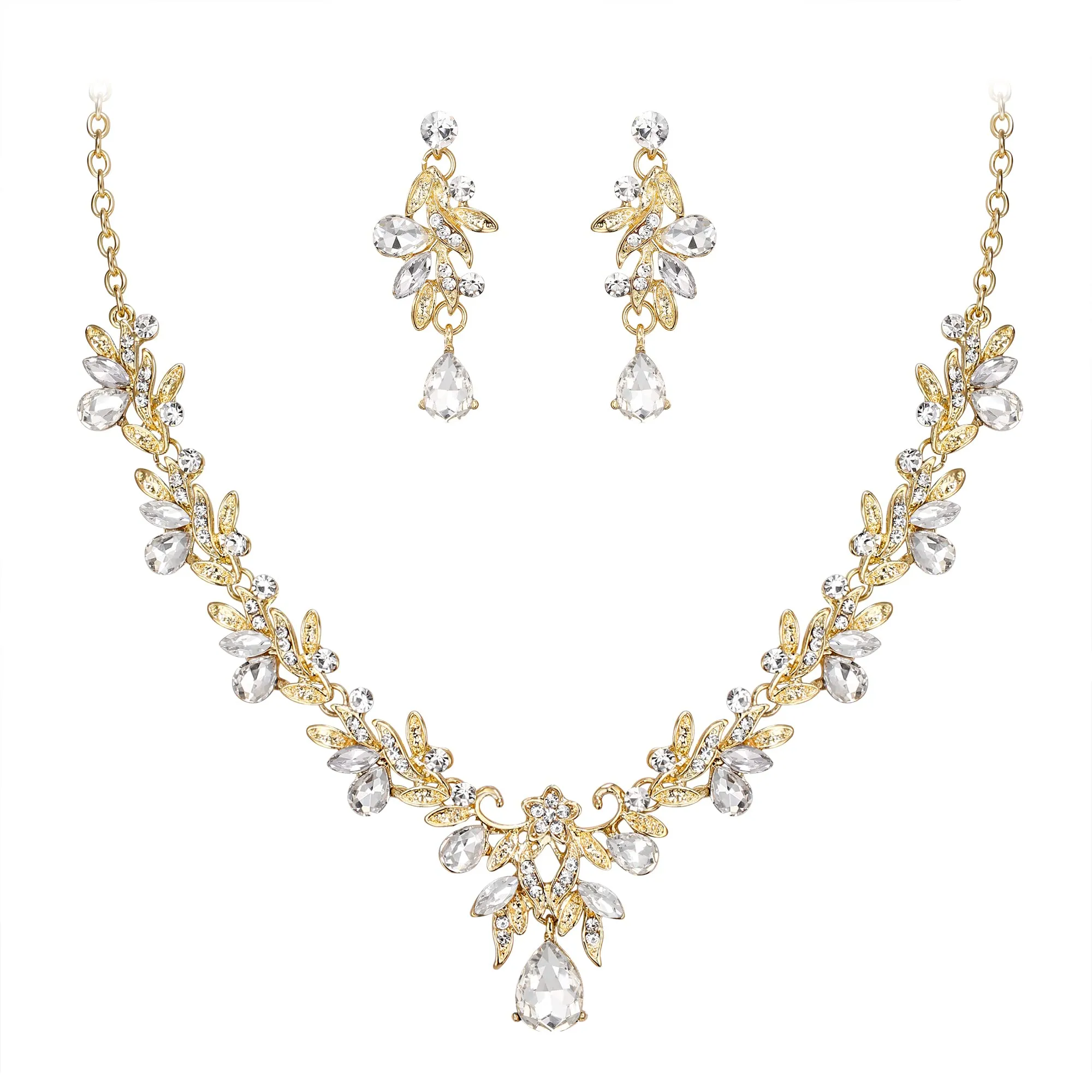 Clearine Set di Bigiotteria Goccia Foglia Strass Cristalli Collana e Orecchini Pendenti Trasparente Oro-Fondo - immagine 1