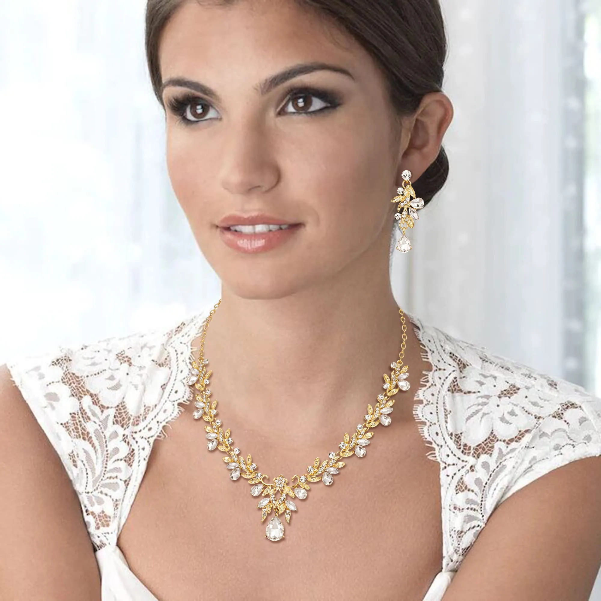 Clearine Set di Bigiotteria Goccia Foglia Strass Cristalli Collana e Orecchini Pendenti Trasparente Oro-Fondo - immagine 2