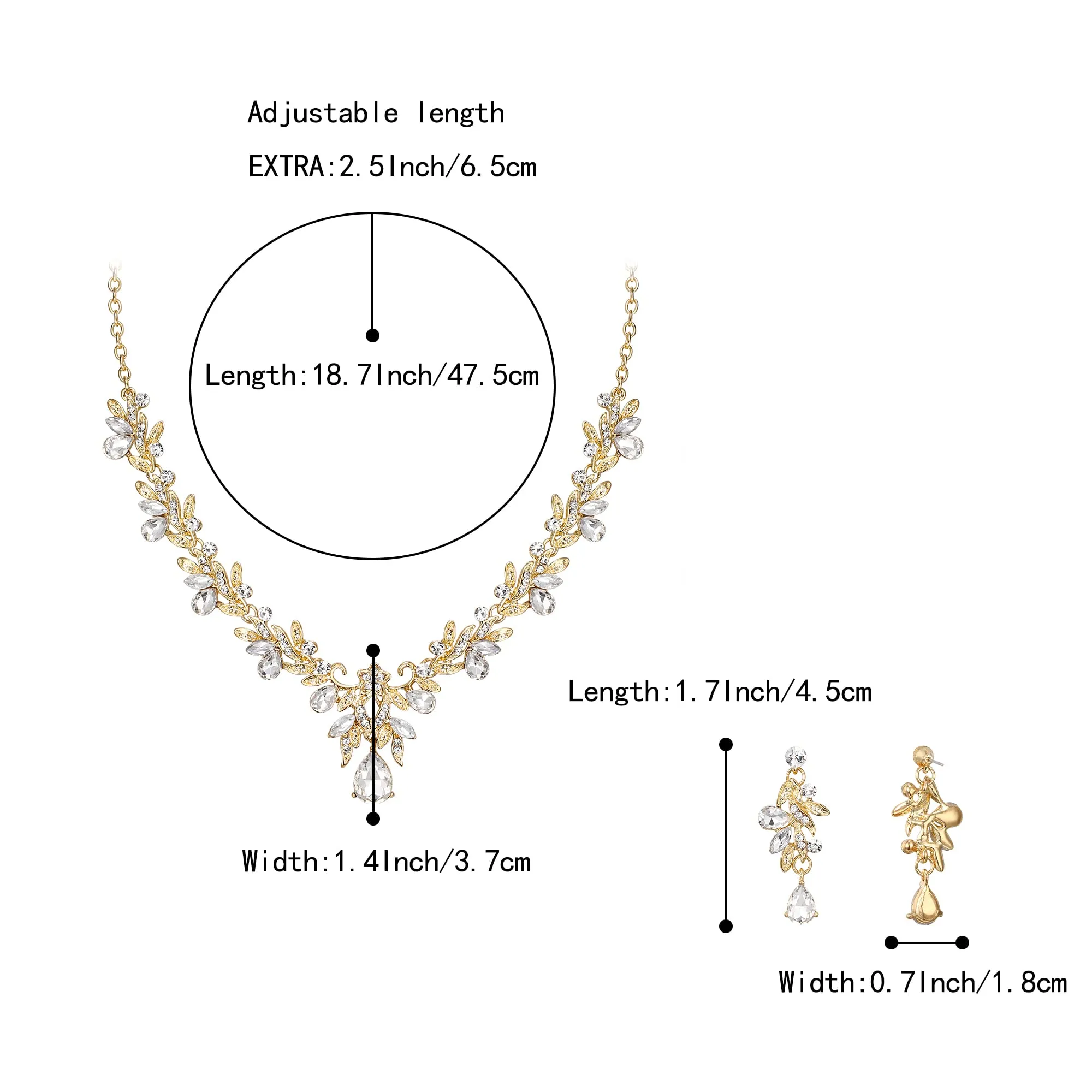 Clearine Set di Bigiotteria Goccia Foglia Strass Cristalli Collana e Orecchini Pendenti Trasparente Oro-Fondo - immagine 4