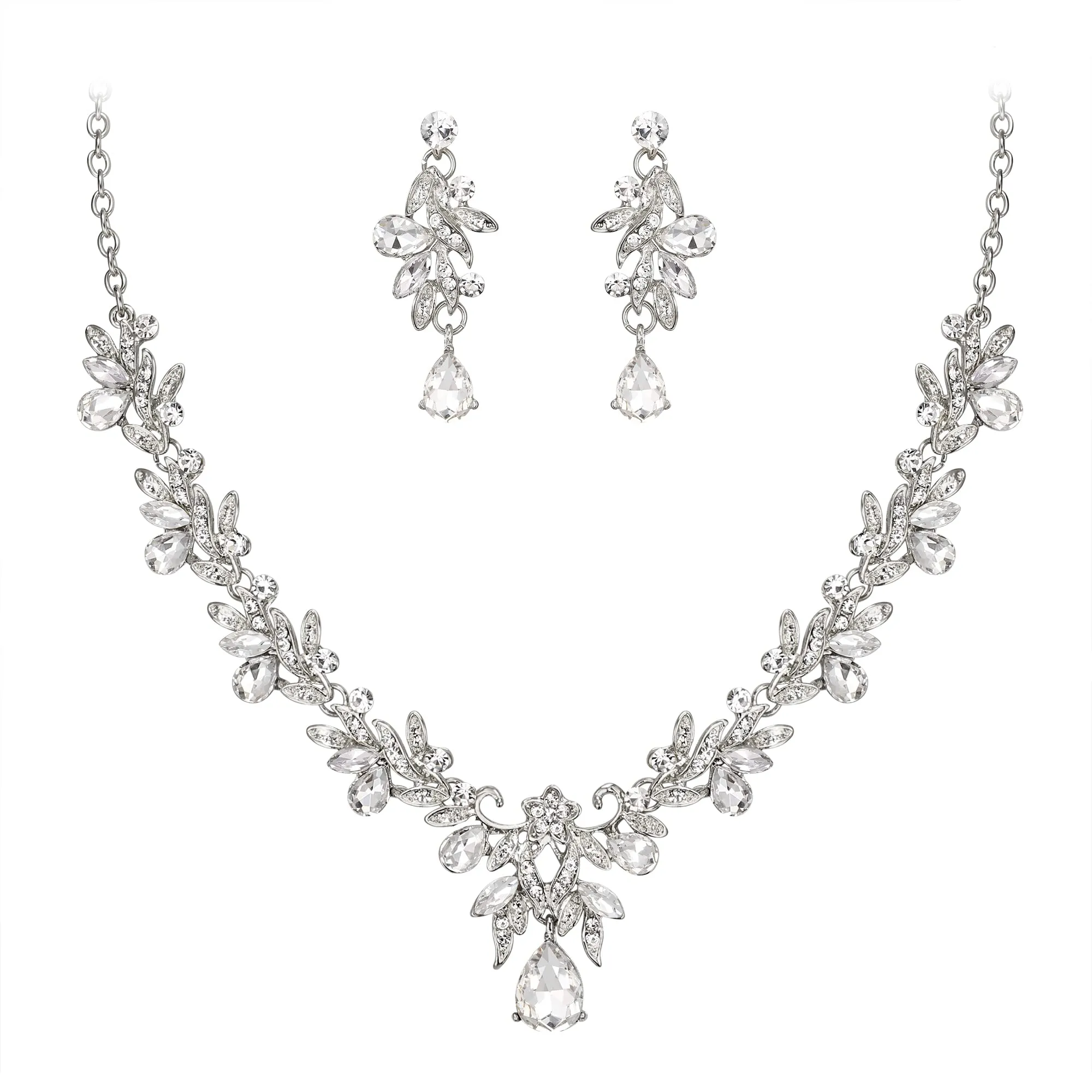 Clearine Set di bigiotteria Prom Party Goccia Foglia Strass Cristalli Collana e Orecchini Trasparente Argento-Fondo - immagine 1
