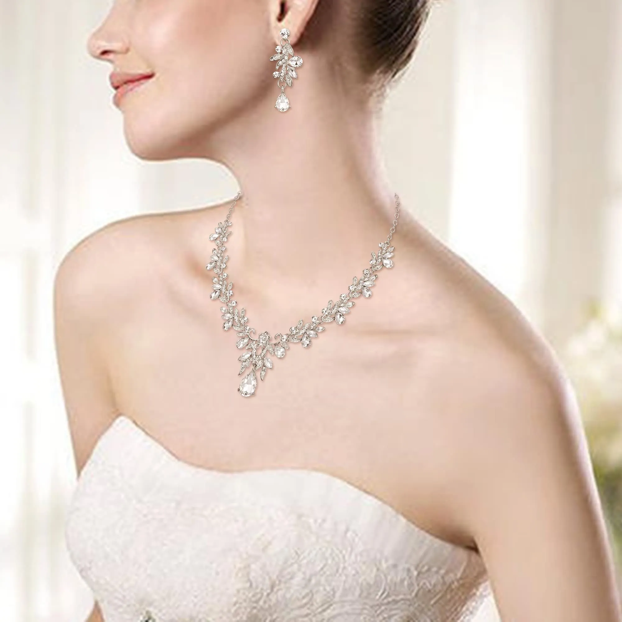 Clearine Set di bigiotteria Prom Party Goccia Foglia Strass Cristalli Collana e Orecchini Trasparente Argento-Fondo - immagine 2