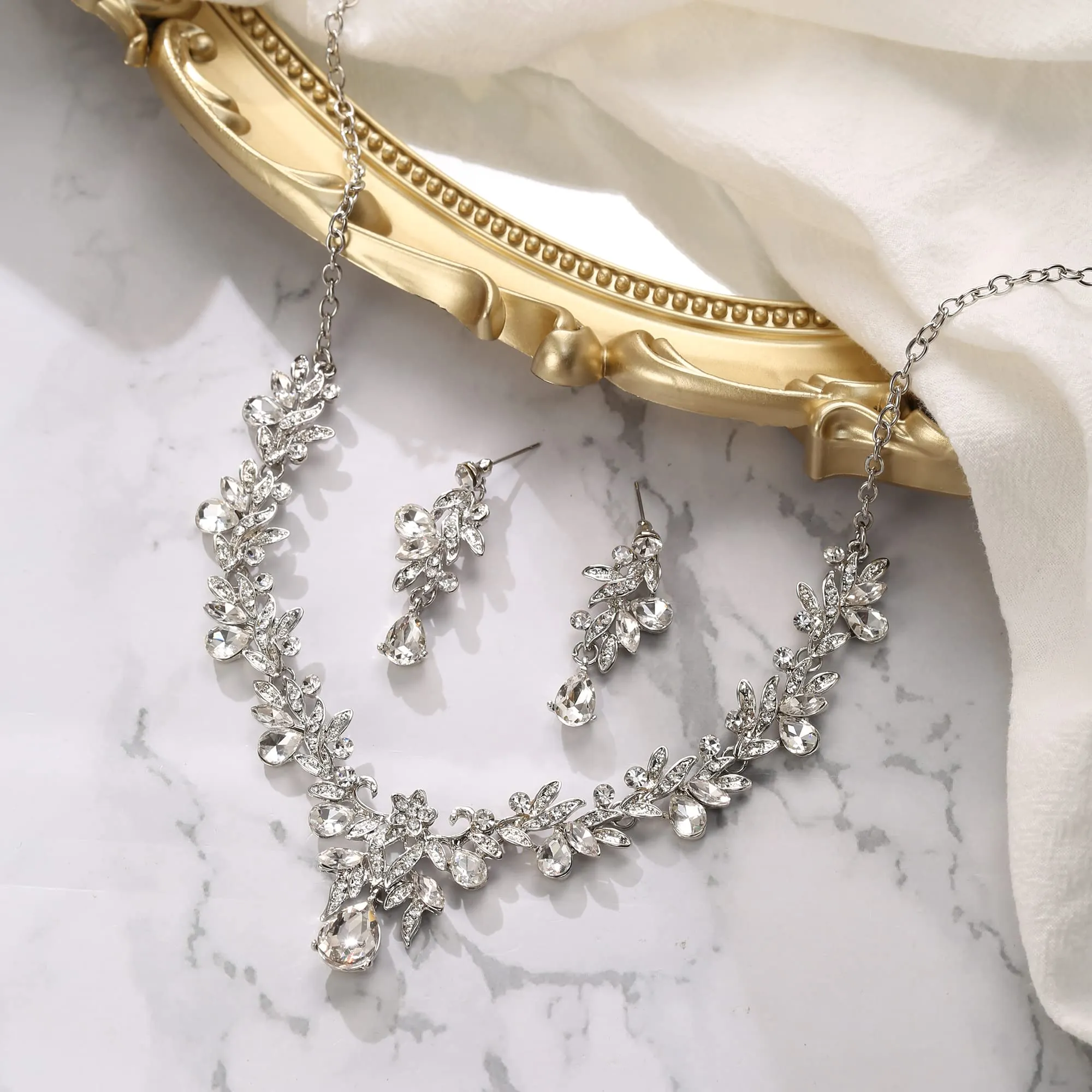 Clearine Set di bigiotteria Prom Party Goccia Foglia Strass Cristalli Collana e Orecchini Trasparente Argento-Fondo - immagine 3
