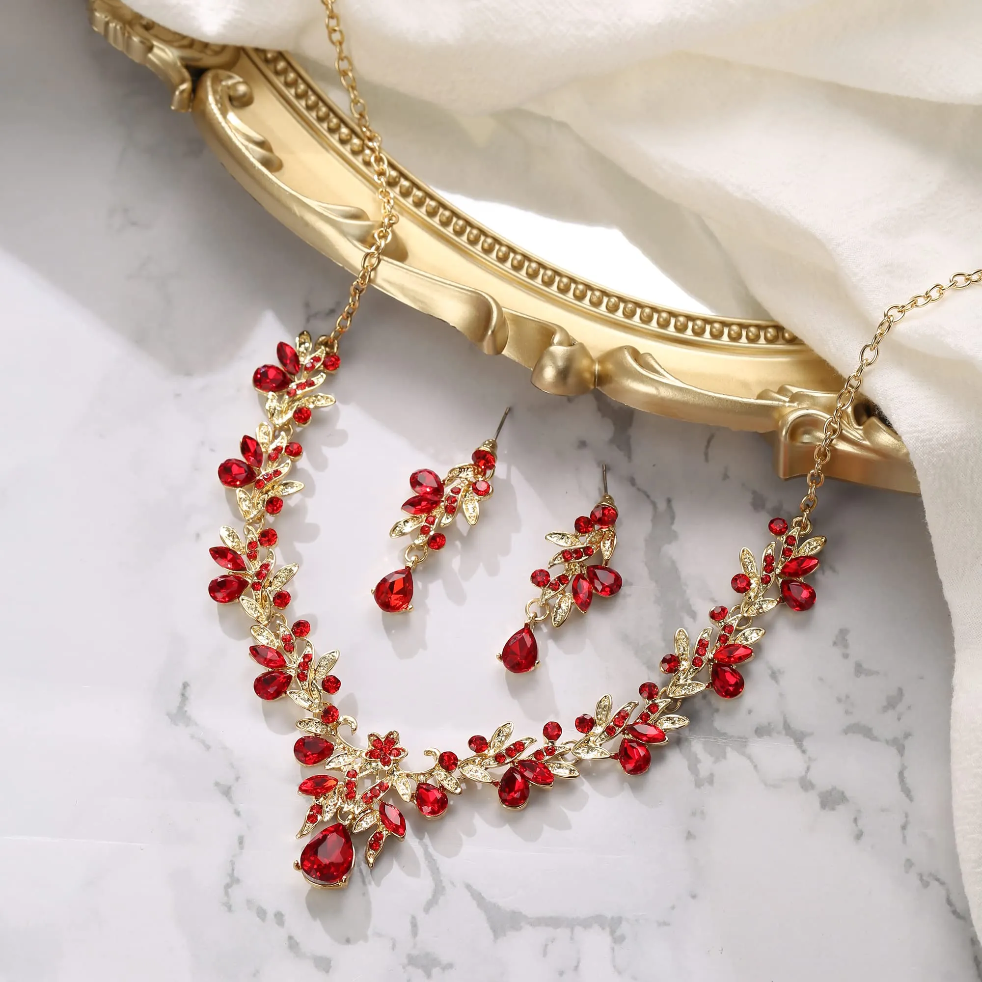 Clearine Set di bigiotteria per Prom Party Goccia Foglia Strass Cristalli Collana e Orecchini Pendenti Rosso Oro-Fondo - immagine 3