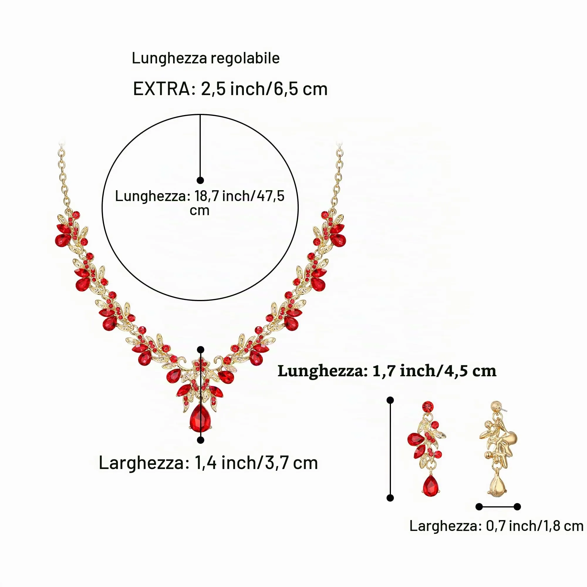 Clearine Set di bigiotteria per Prom Party Goccia Foglia Strass Cristalli Collana e Orecchini Pendenti Rosso Oro-Fondo - immagine 4