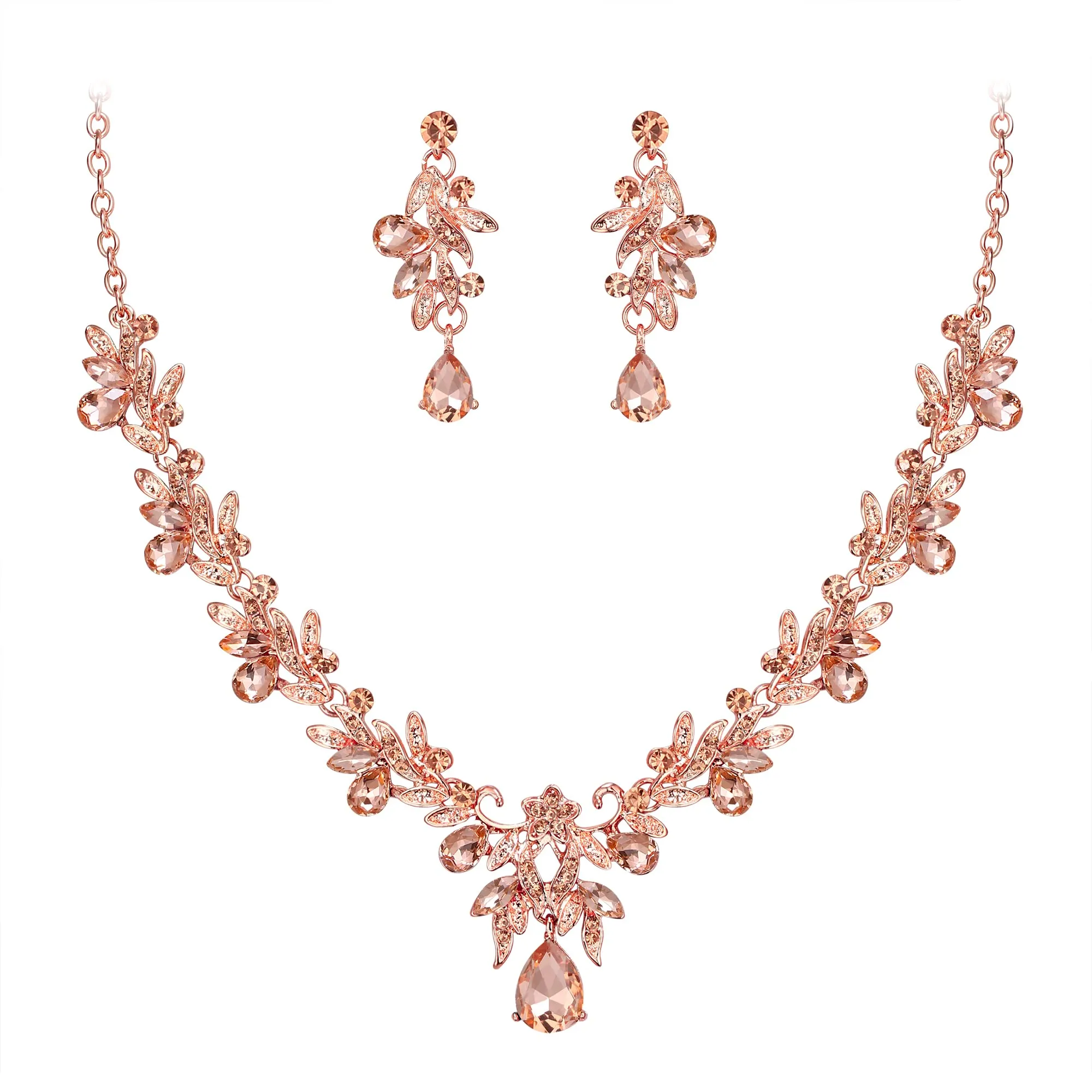Clearine Set Bigiotteria Goccia Foglia Strass e Cristalli, Collana e Orecchini Pendenti, Champagne Rosa Oro-fondo - immagine 1