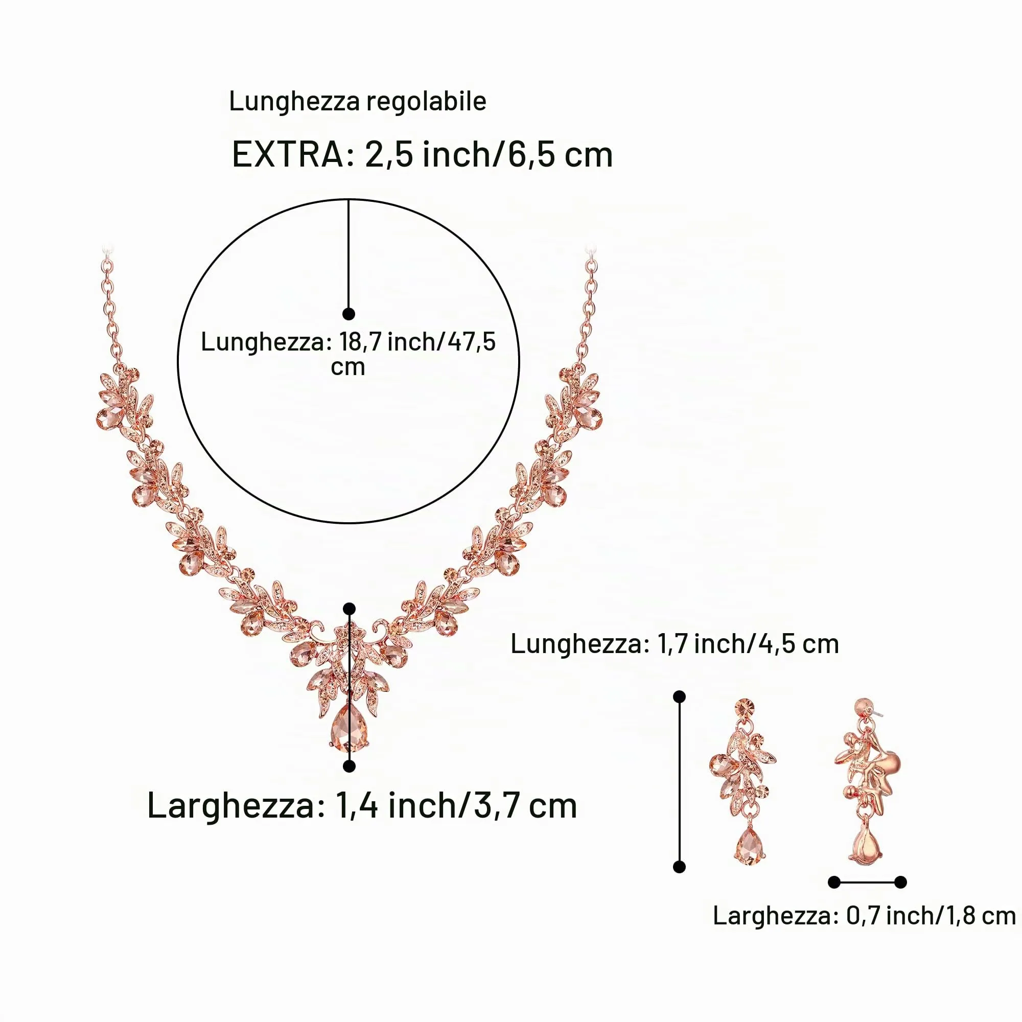 Clearine Set Bigiotteria Goccia Foglia Strass e Cristalli, Collana e Orecchini Pendenti, Champagne Rosa Oro-fondo - immagine 4