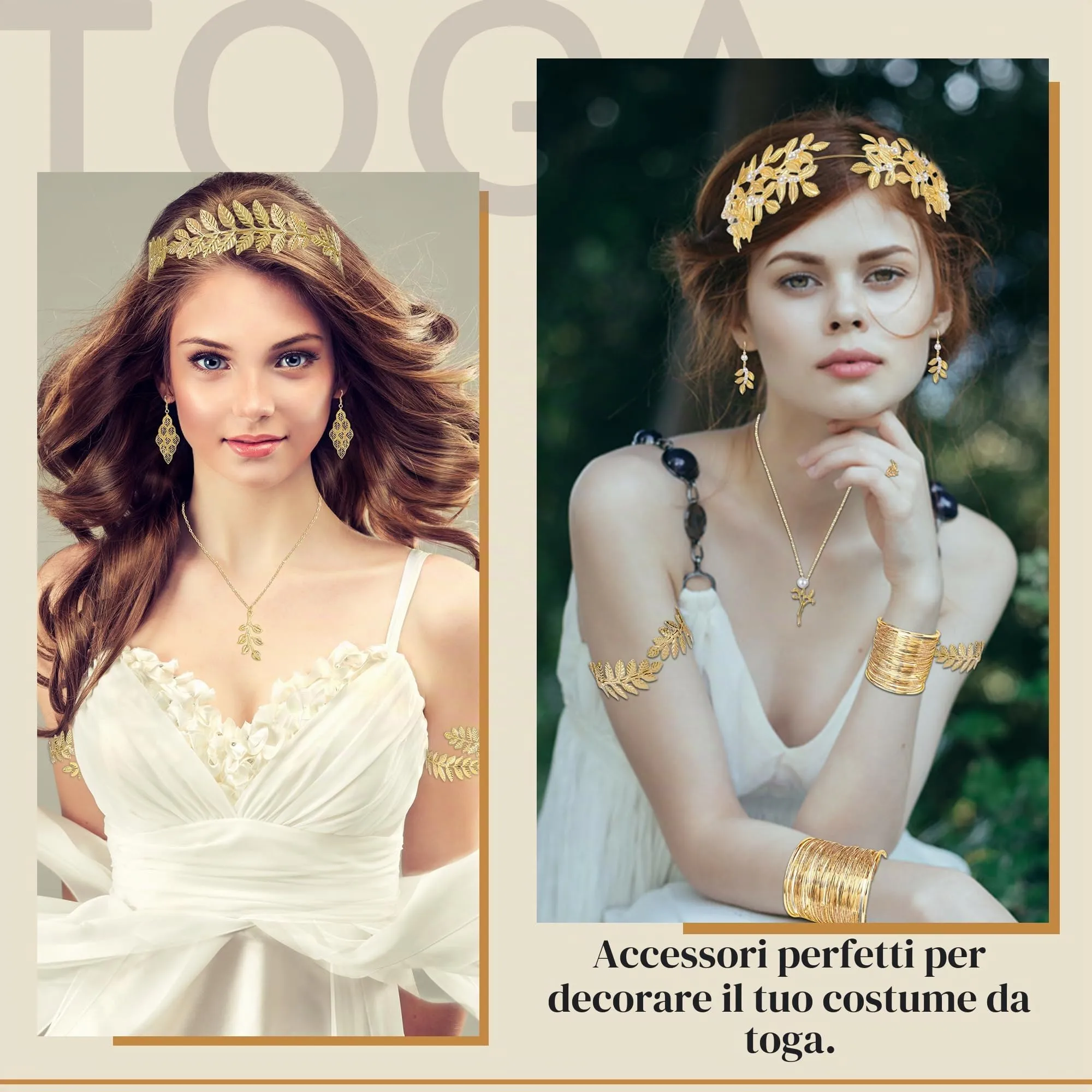 LOFITOR Set Accessori Dea Greca 9 Pezzi - Corona di Alloro, Bracciali a Spirale, Collana, Orecchini Pendenti con Perle - immagine 5