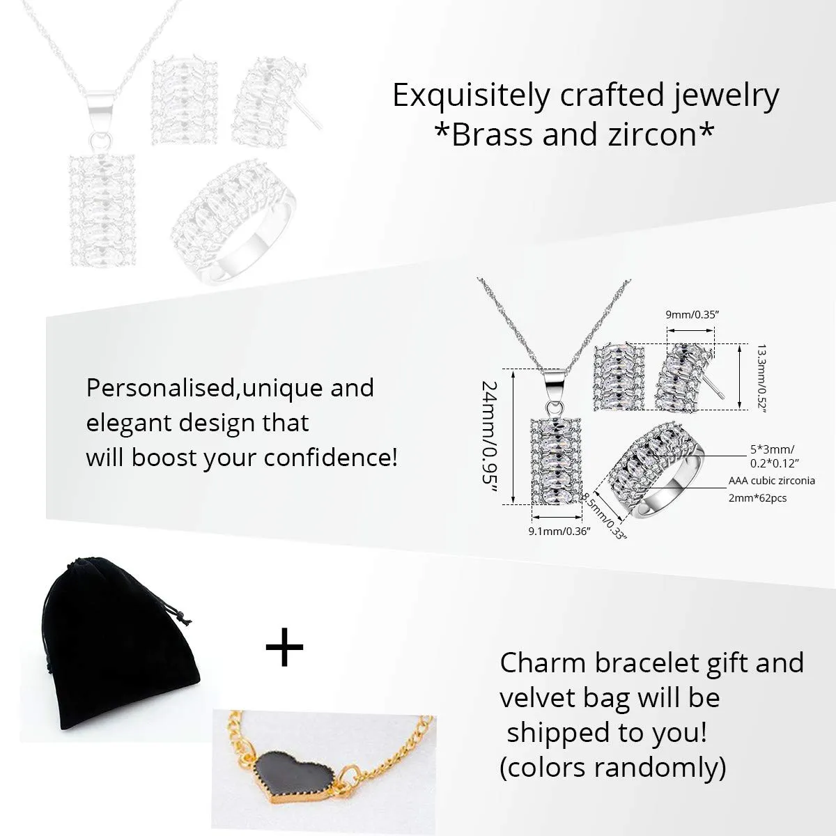 Uloveido T506 Set di gioielli con zirconia cubica champagne gialla/blu, forma mezzaluna e taglio ovale, collana, orecchini a lobo e anello, N1/2(54.4mm) - immagine 7
