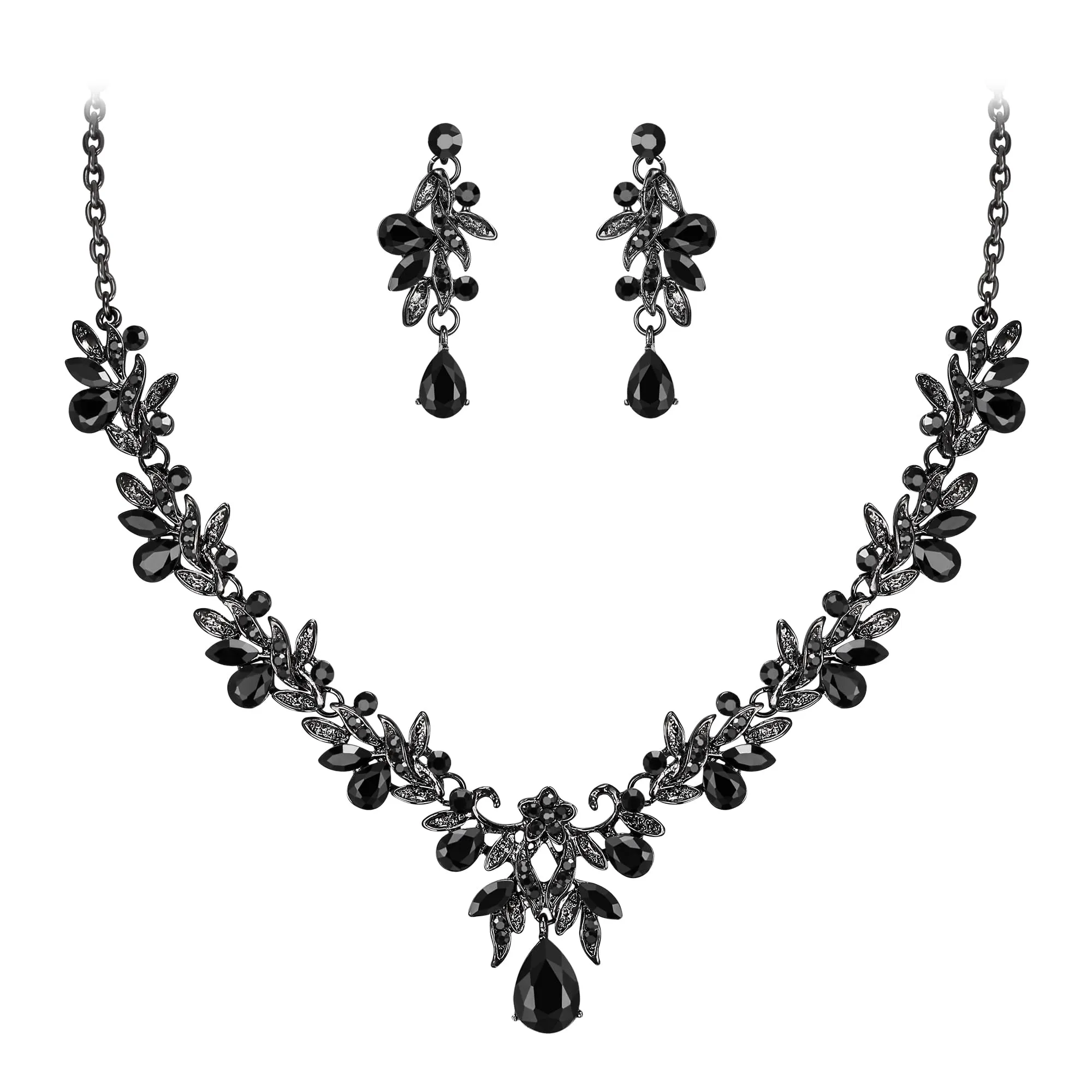 Clearine Parure di gioielli da donna con cristalli a foglia di fiore, collana e orecchini tono argento - immagine 1